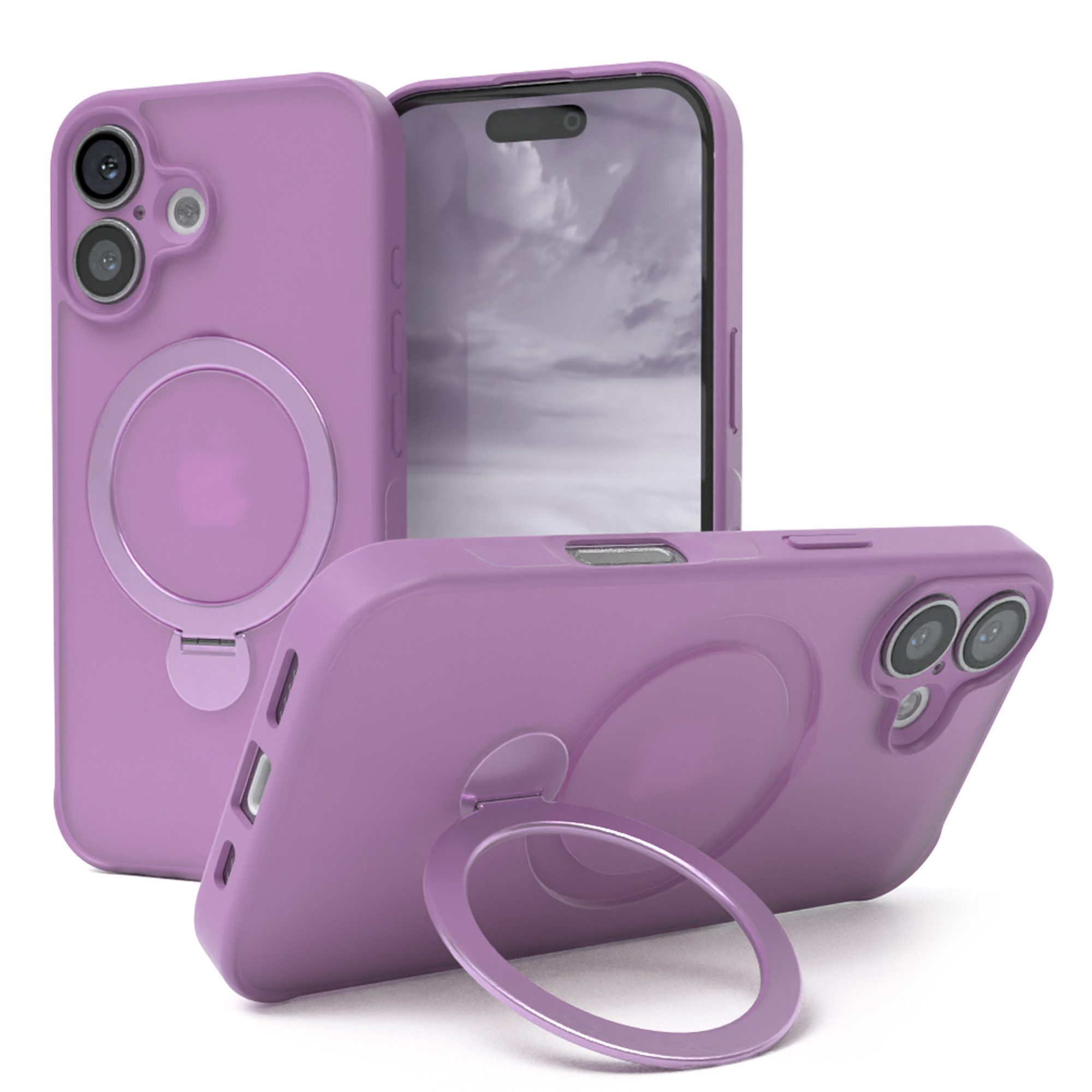 EAZY CASE Handyhülle Outdoor iPhone 16 Case MagSafe Rotation Ring 6,1 Zoll, Slim Cover Handyhülle stoßfest Silikon Case Outdoorcase kratzfest Lila