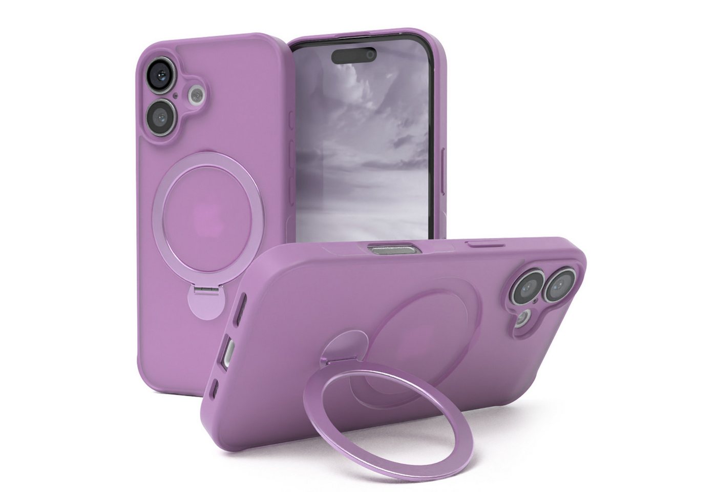 EAZY CASE Handyhülle Outdoor iPhone 16 Case MagSafe Rotation Ring 6,1 Zoll, Slim Cover Handyhülle stoßfest Silikon Case Outdoorcase kratzfest Lila