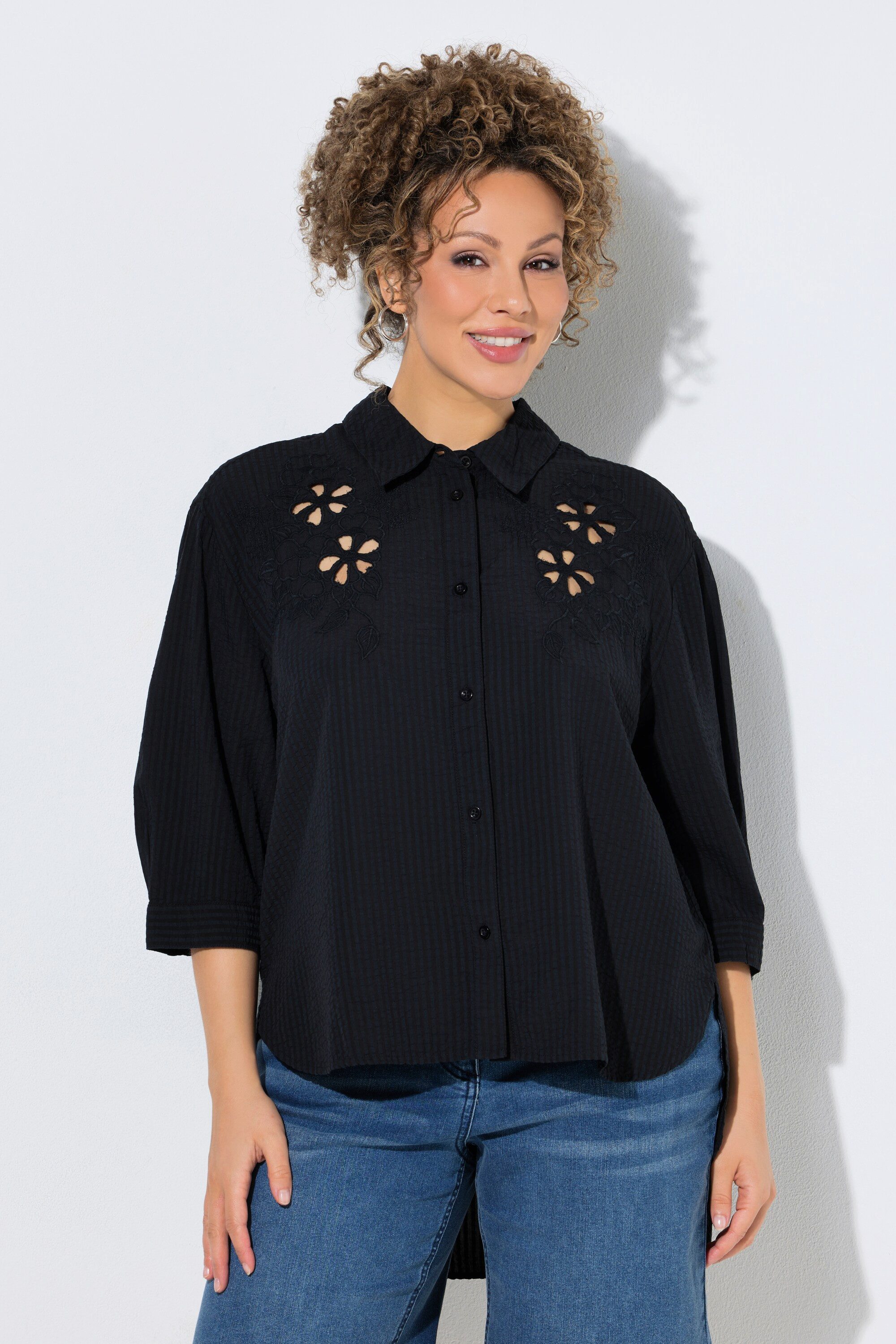 Ulla Popken Hemdbluse Hemdbluse Seersucker Stickerei Hemdkragen 3/4-Arm