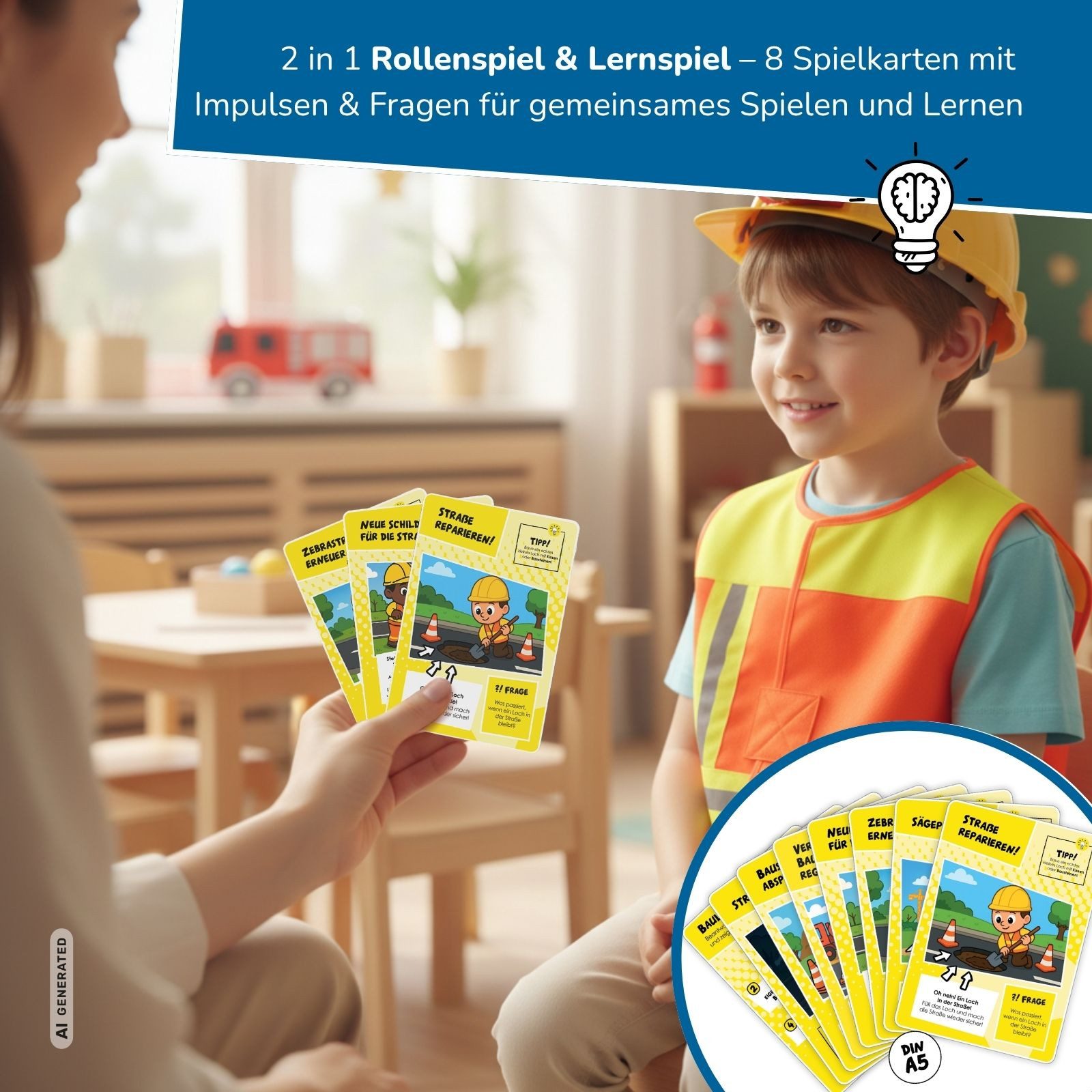 alldoro Spielzeug-Schutzweste Bauleitung Rollenspiel & Lernset, Bauleiter-Kostüm f. Kinder 3-6 Jahre, 9 Teile, Verkleidung mit Weste, Helm, Zubehör & 8 Lernkarten