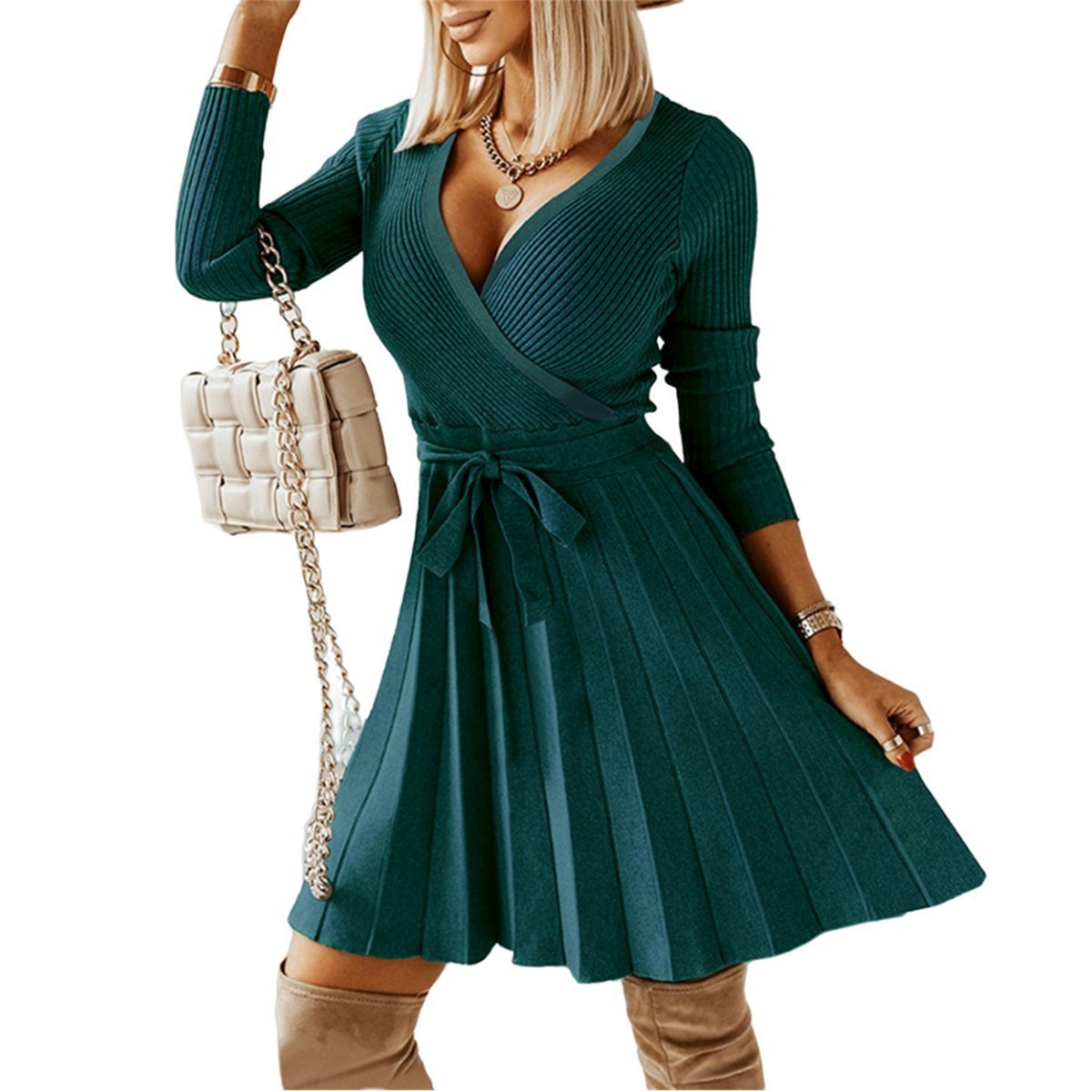Herbst und Unten V-Ausschnitt plissiert A-Linie kurze Pullover Kleider B.X gestrickte verdickt Grün stricken sexy Abendkleid Winter Kleid Kleid