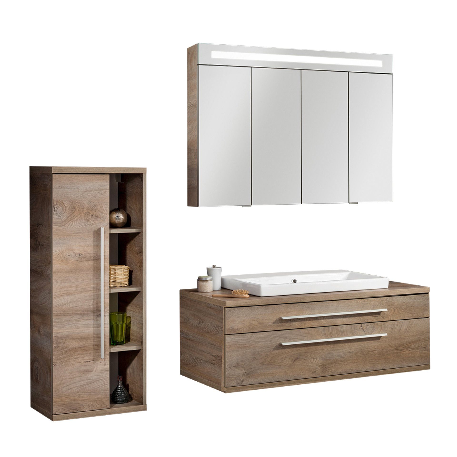 FACKELMANN Badmöbel-Set STANFORD 110 cm breit, Braun, Keramik, Spiegelschrank + Midischrank