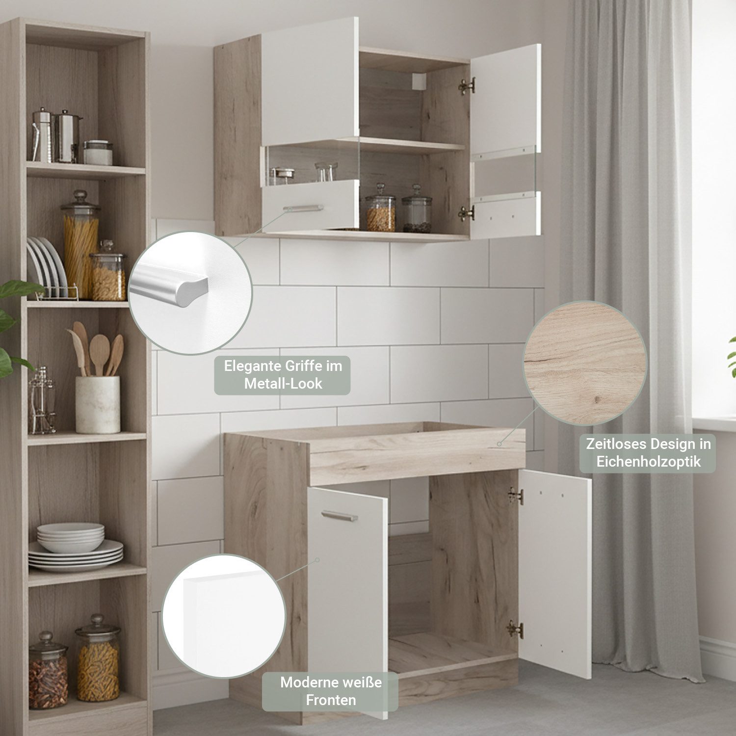 Meuble de cuisine Homestyle4u 80 cm sans électroménager, petite cuisine simple, placards en chêne mat et verre (éléments hauts, éléments bas, cuisine équipée), bloc cuisine, marron et blanc/crème, cuisine équipée