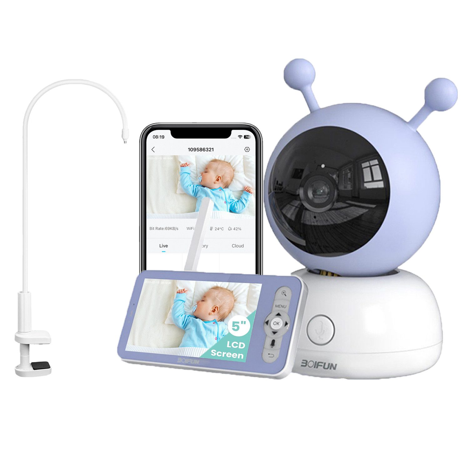 Babyphone 5 Zoll Babyphone mit Kamera und APP WLAN Video Babyfon mit Halter