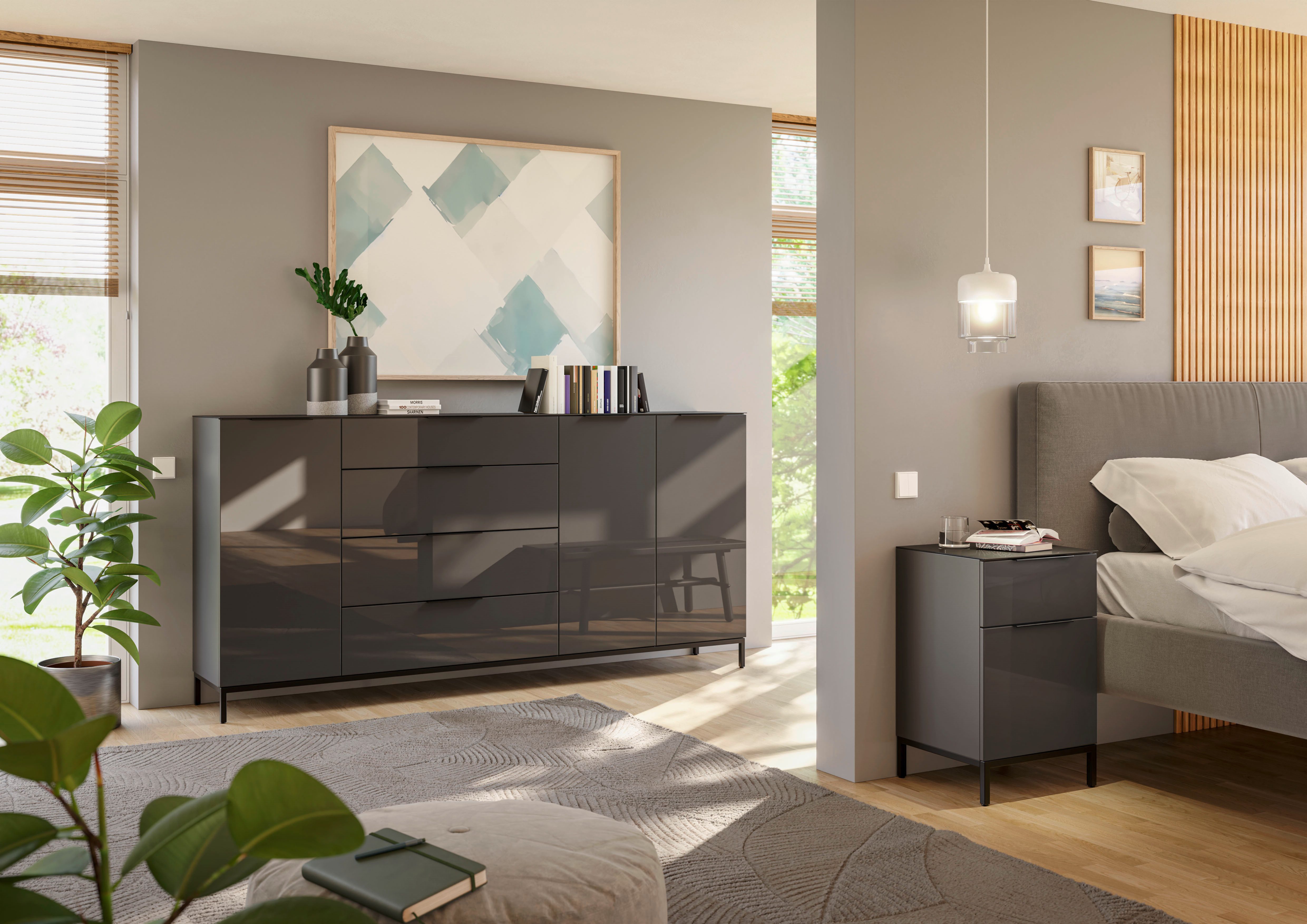 Manjana Möbel Nachtkommode mit Chrom oder Schwarz matten Metallgriffen, mit Glasfronten, melaminbeschichtete Oberfläche, mit Vollauszug
