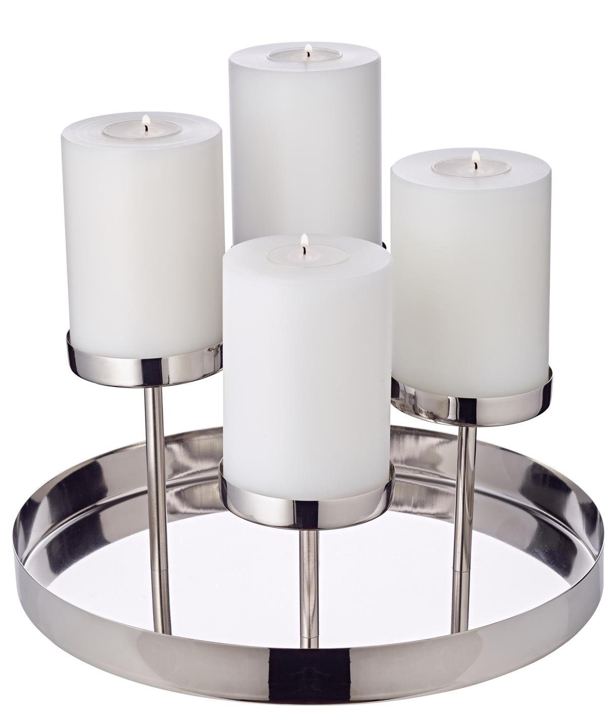 EDZARD Adventskranz Marabella, Kerzenhalter für Stumpenkerzen,  Kerzenleuchter aus Messing mit Silber-Optik, vernickelt, Ø 31 cm