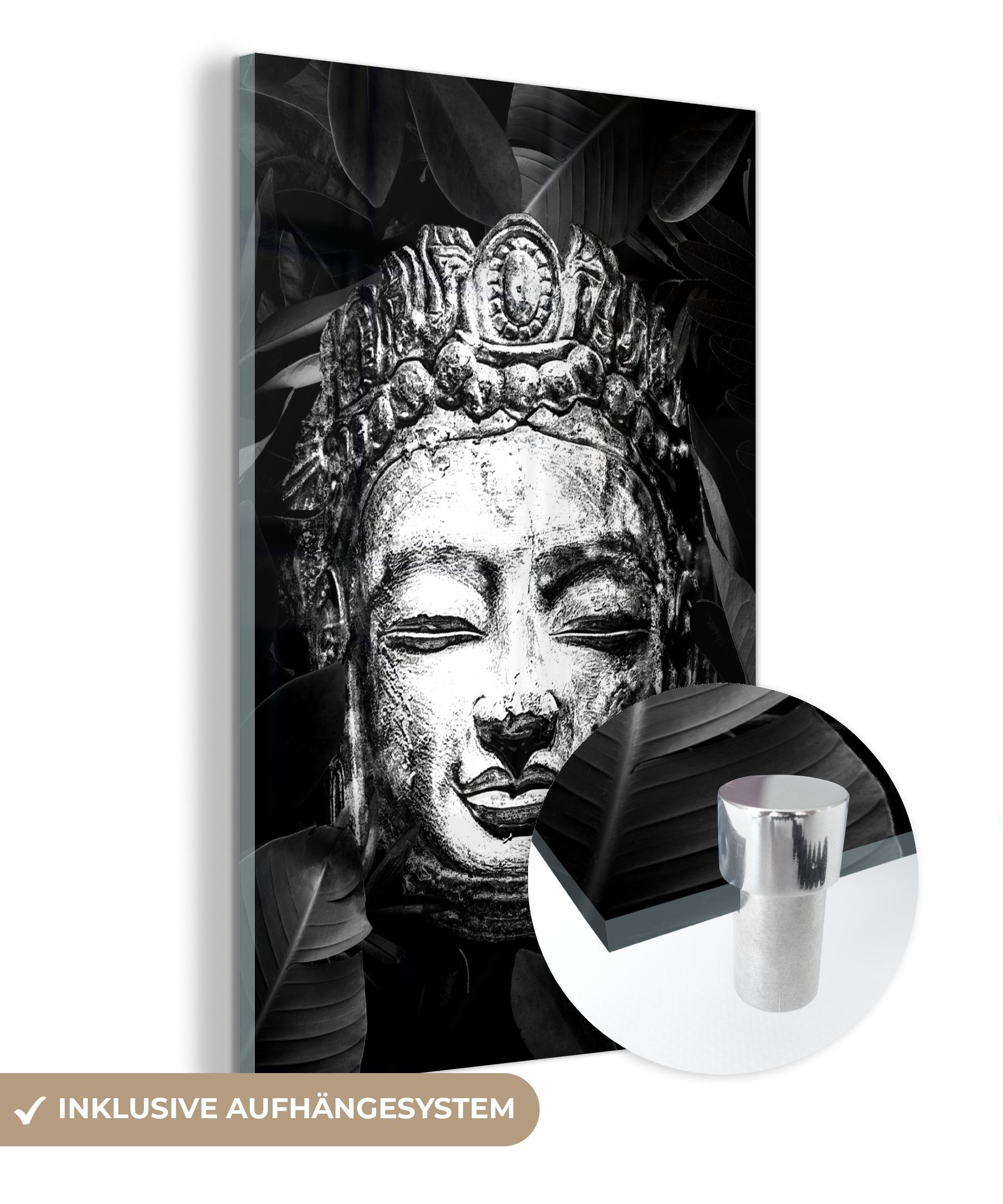 MuchoWow Acrylglasbild Rauher Kopf eines Buddhas mit Blättern - schwarz und weiß, (1 St), Glasbilder - Bilder auf Glas Wandbild - Foto auf Glas - Wanddekoration bunt