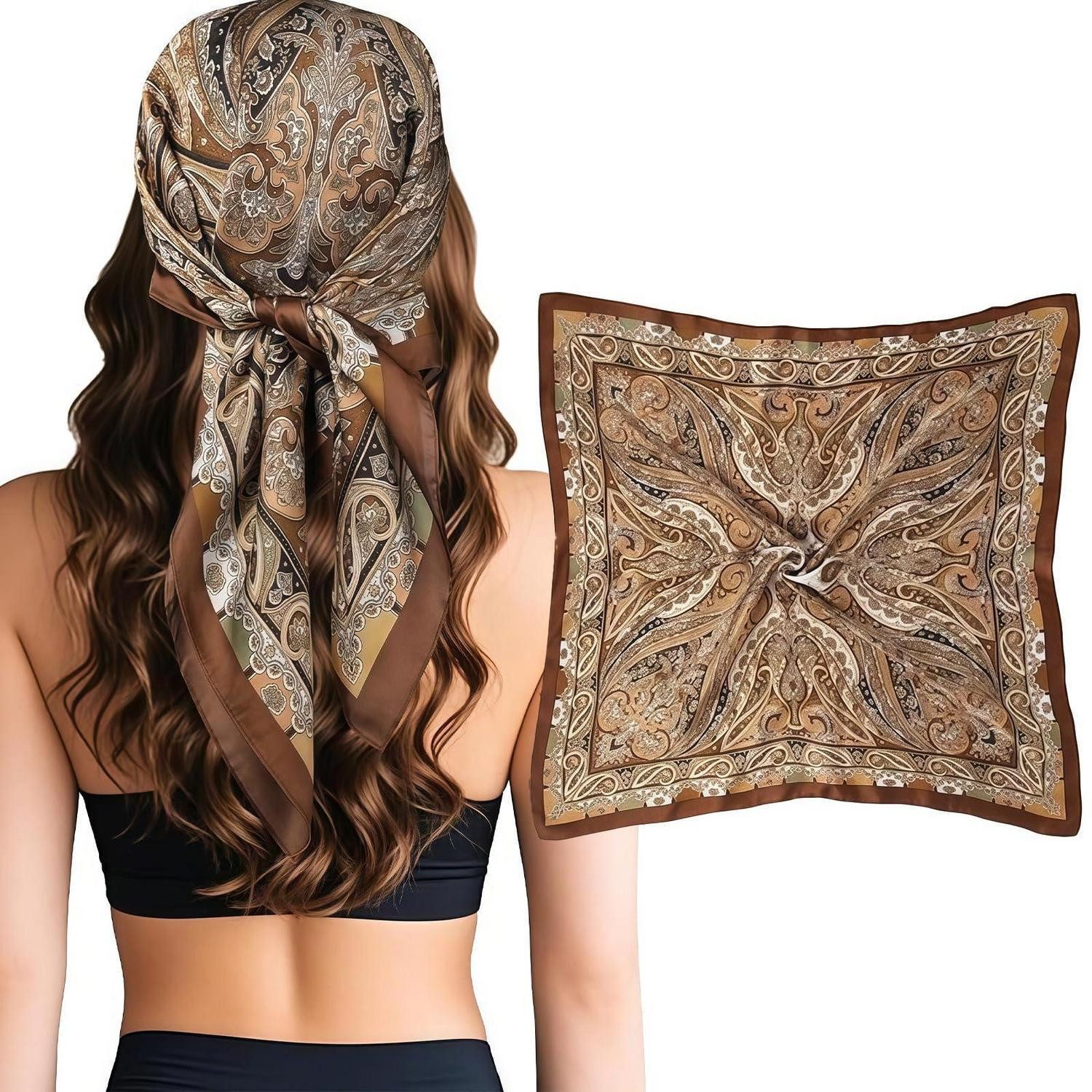 LuxusKollektion Bandana Kopftuch Damen Satin Grafikdruck 70x70cm Braun, (1-St)