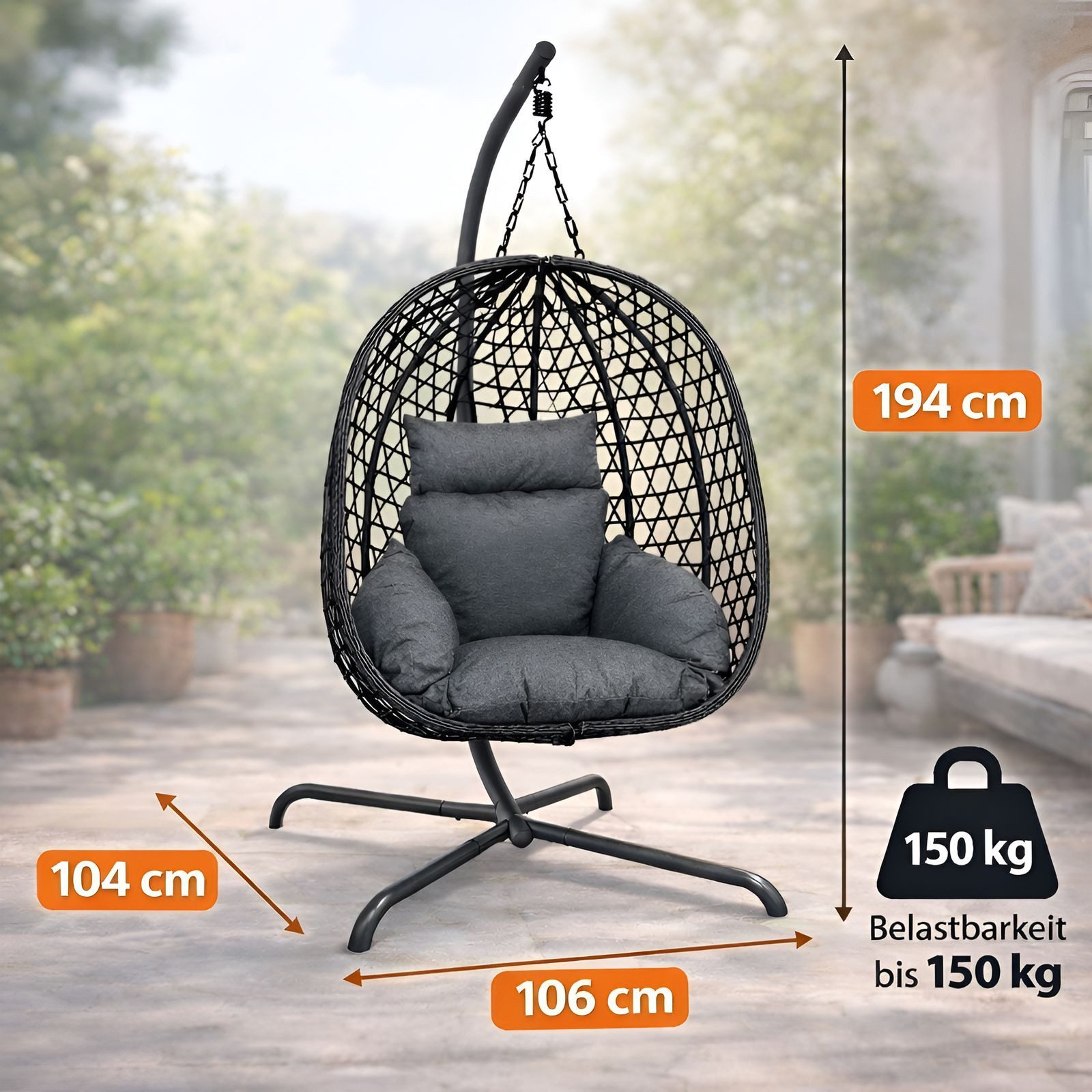 BURI Hängesessel Hängesessel Hängestuhl Anthrazit Hängeschaukel Indoor Outdoor + Kissen
