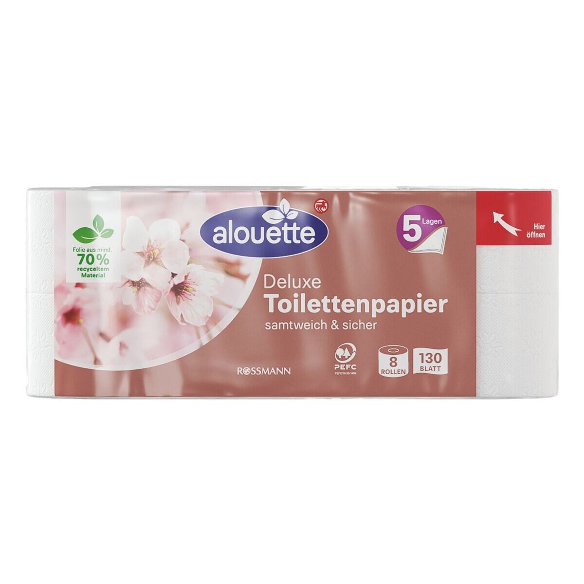 alouette Toilettenpapier Deluxe (8-St), 5-lagig, weiß, geprägt & perforiert, parfümfrei, 130 Blatt/Rolle