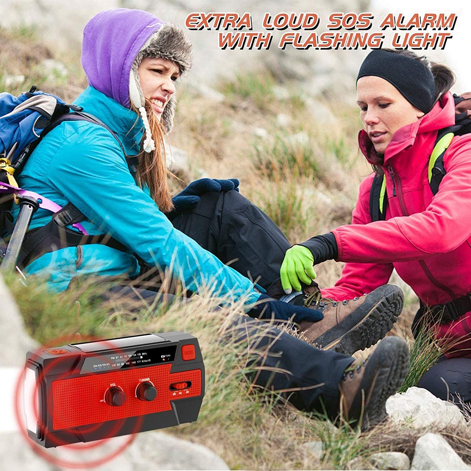 Camping und Digitalradio für 4 4000mAh (Digitalradio Modi (DAB) autolock LED Batterie Taschenlampe Notfall) Notfallradio Mit Kurbelradio Solar Tragbar Rot SOS-Alarm (DAB), für Radio,AM/FM USB