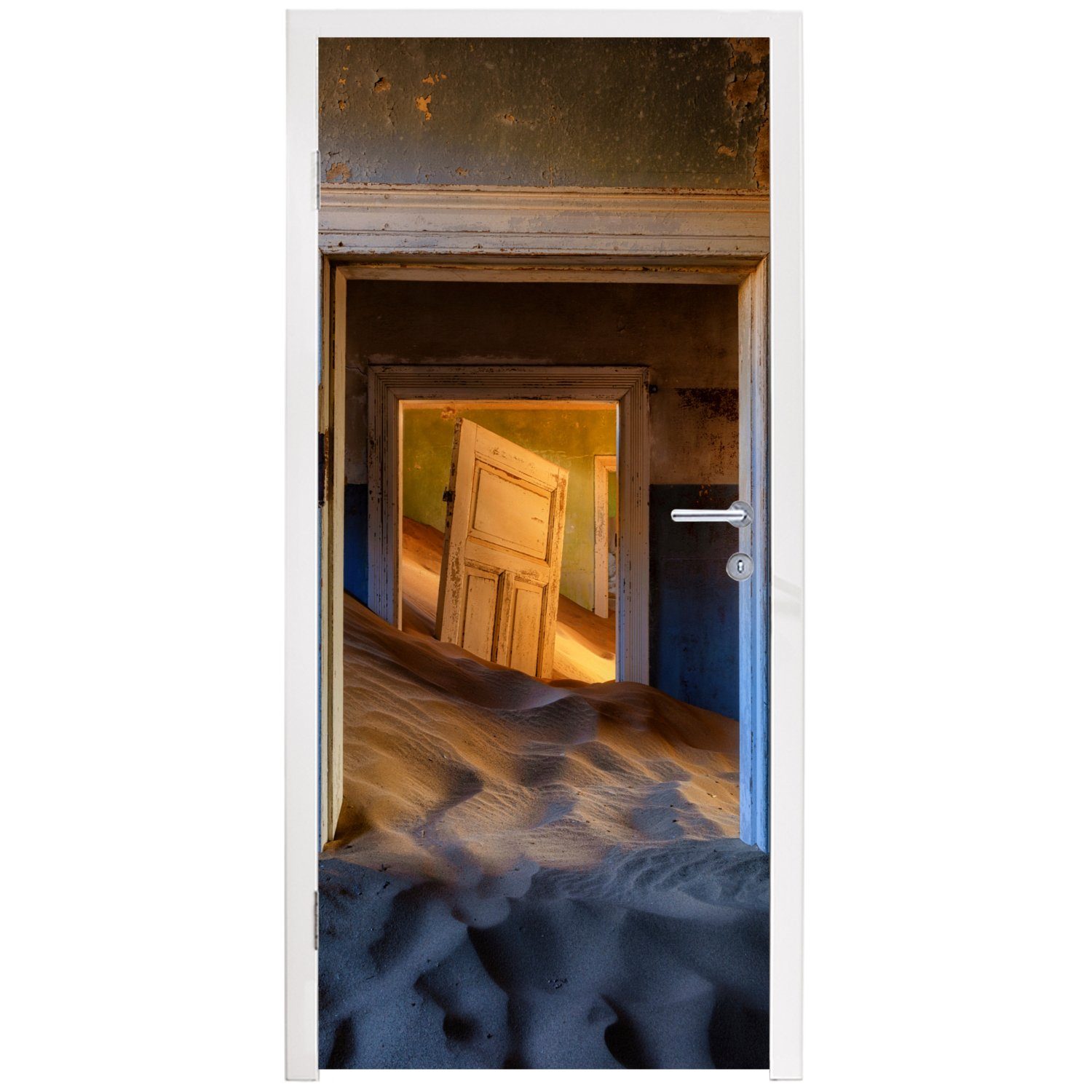 bedruckt, für 75x205 Matt, - Tür, Fototapete cm - MuchoWow St), Architektur, Blau Tür Türtapete - (1 Sand Türaufkleber,