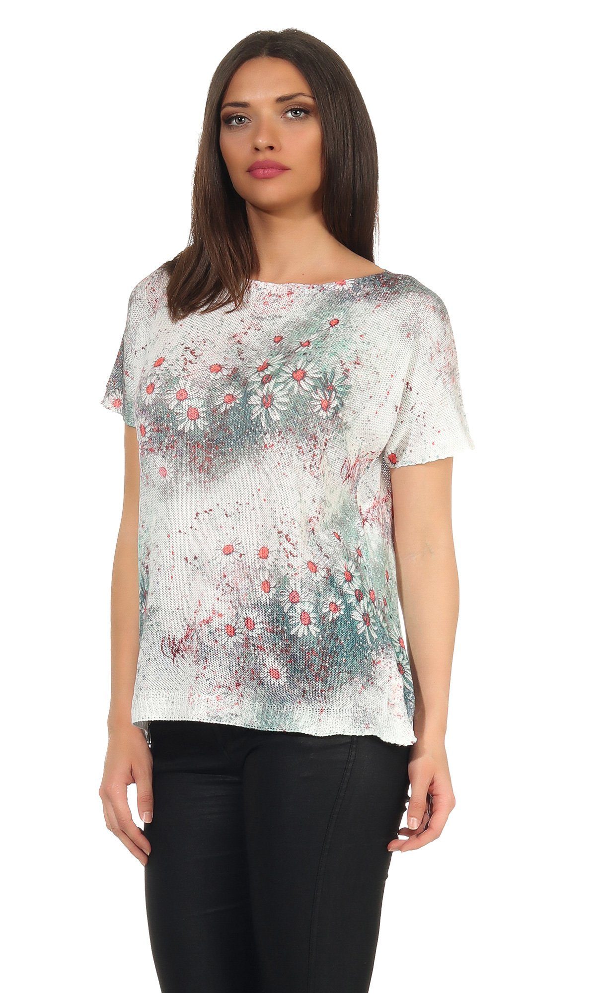 Mississhop Print-Shirt Damen weißes Shirt mit Blumen Tshirt Bluse 320
