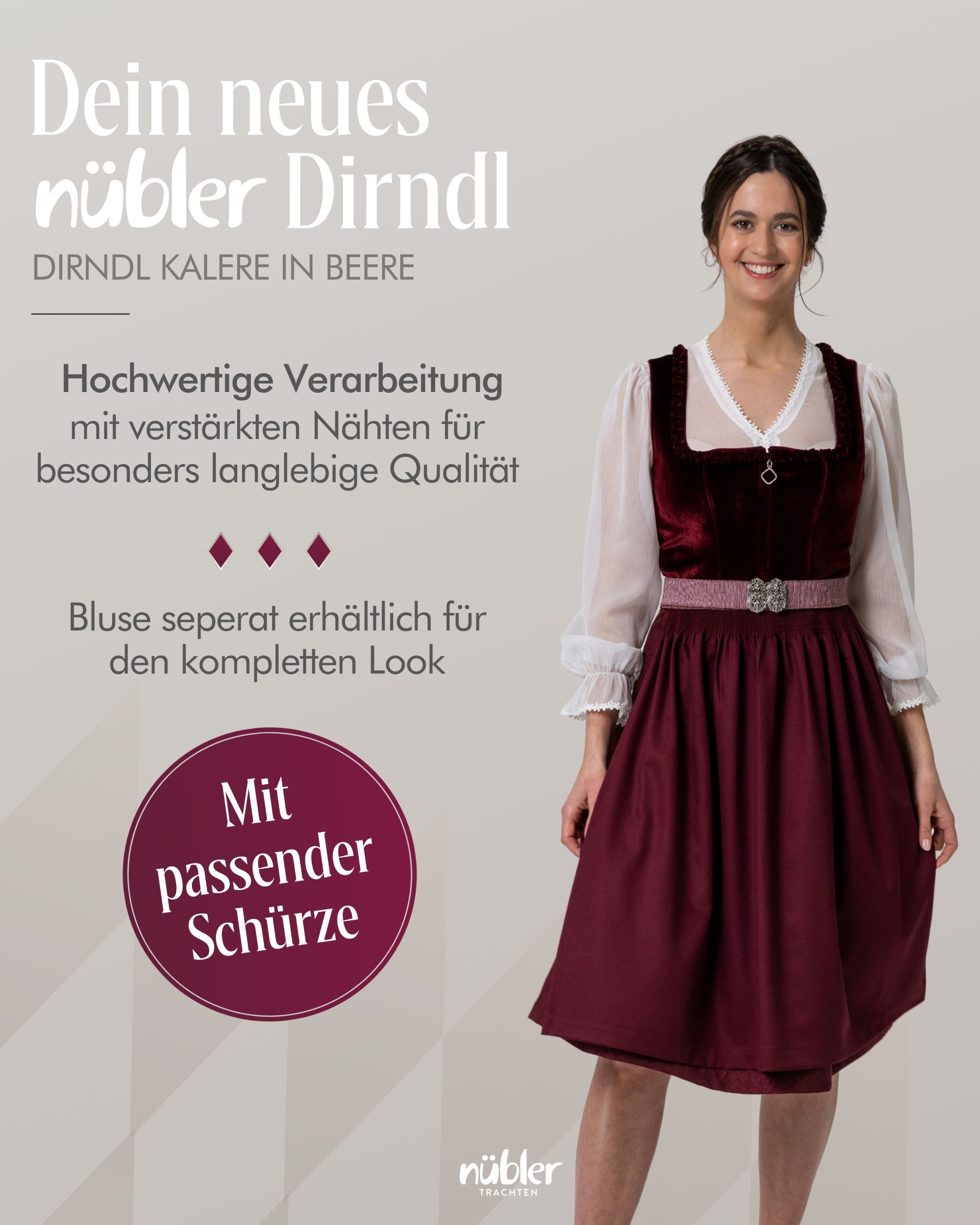 Nübler Trachtenkleid Midi Dirndl Kalere in Beere von Nübler - Rocklänge 60 cm