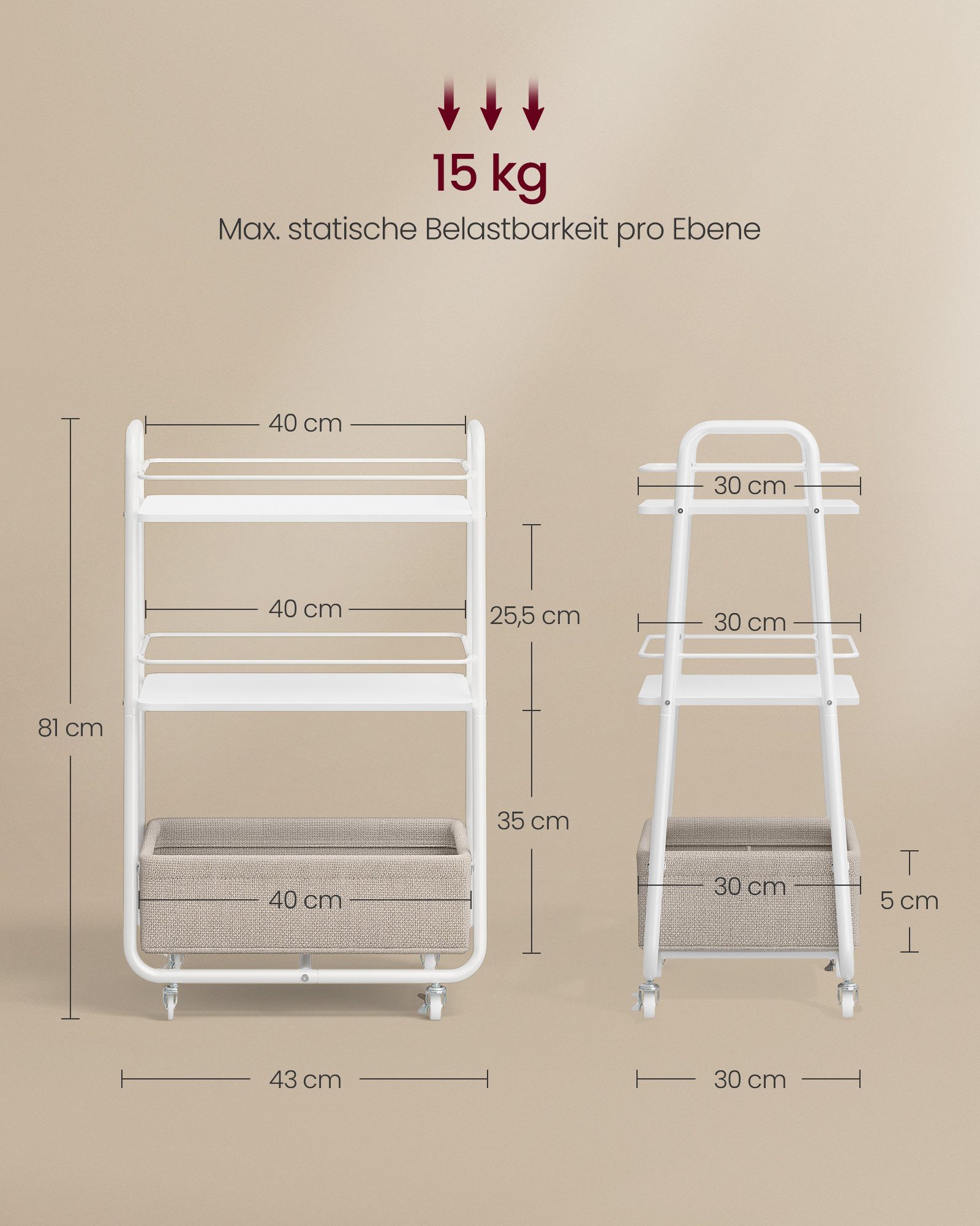 VASAGLE Beistellwagen, Rollwagen mit Korb, 3 Ebenen, Rollen mit Bremse für Wohnzimmer