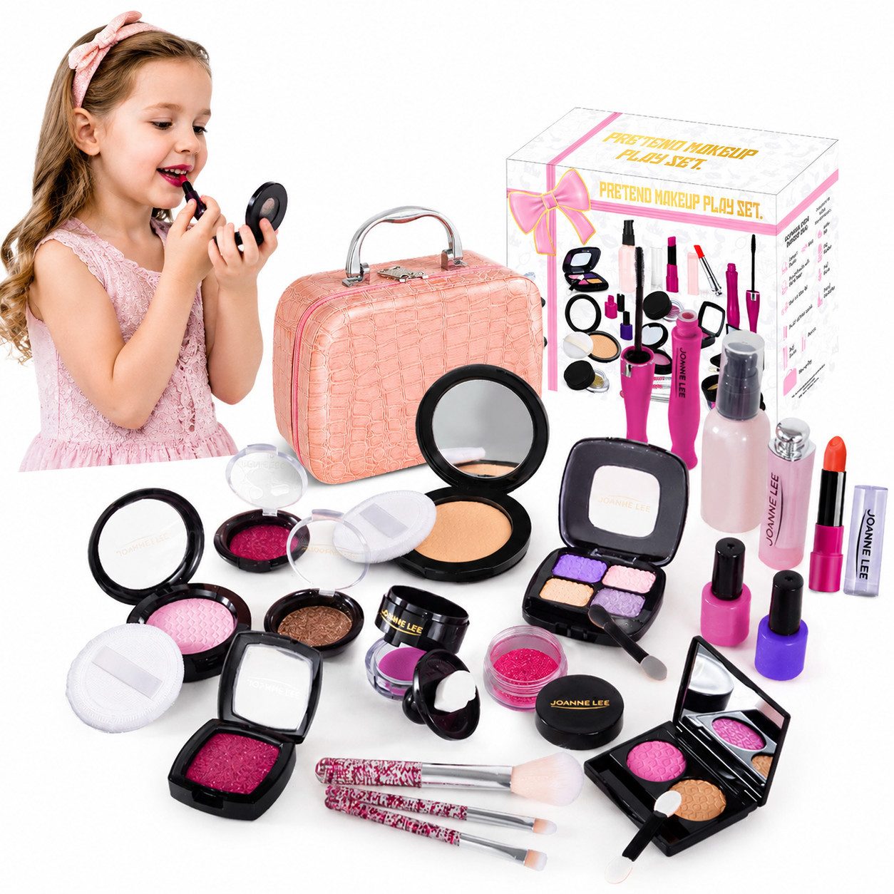 Fyrove Lernspielzeug Kinder Schminkset mit Koffer 22 Teile Rollenspiel Kosmetik Spielzeug (Simulations Make-up Set für Mädchen ab 3 Jahren mit Spiegel, 22-St., Schminkkoffer und Zubehör für kreatives Rollenspiel)