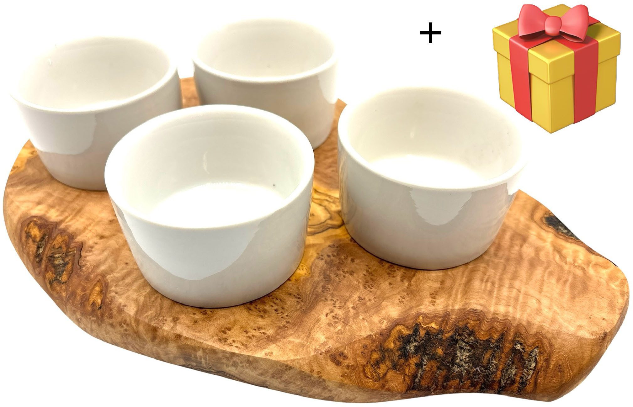 Olivenholz-erleben Servierbrett Brett rustikal, Olivenholz 30-34 cm inkl. 4 Dipschalen, Massivholz, (Set, 5-St., 1x Brett mit 4 Dipschalen), die Dipschalen verhindern das Vermischen der Geschmacksrichtungen