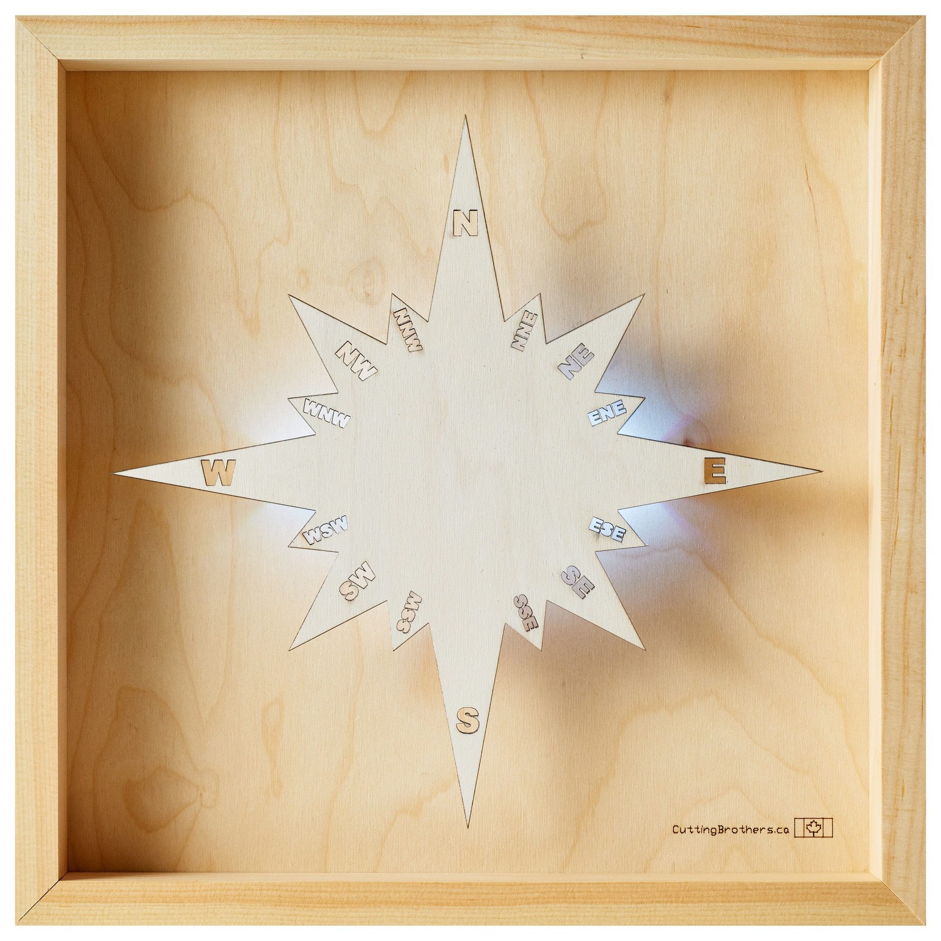 Cutting Brothers LED-Bild Compass 35x35 cm, LED-Holz-Wandkarte, mit indirekter Beleuchtung, handgefertigt aus Echtholz