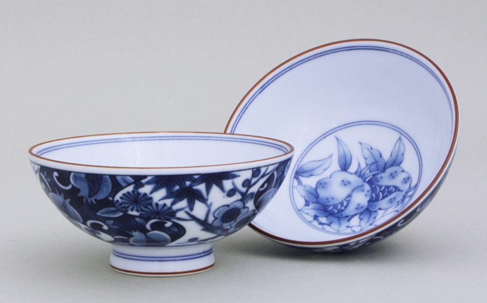 Schale Japanische Reisschale Shochikubai aus Porzellan, weiß/blau, Ø 12 cm
