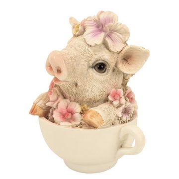 Online-Fuchs Gartenfigur süßes Schwein mit Blumen verziert in Tasse, (Polyresin), Maße des Tiers ca. 15 cm hoch und 11 x 10 cm breit.