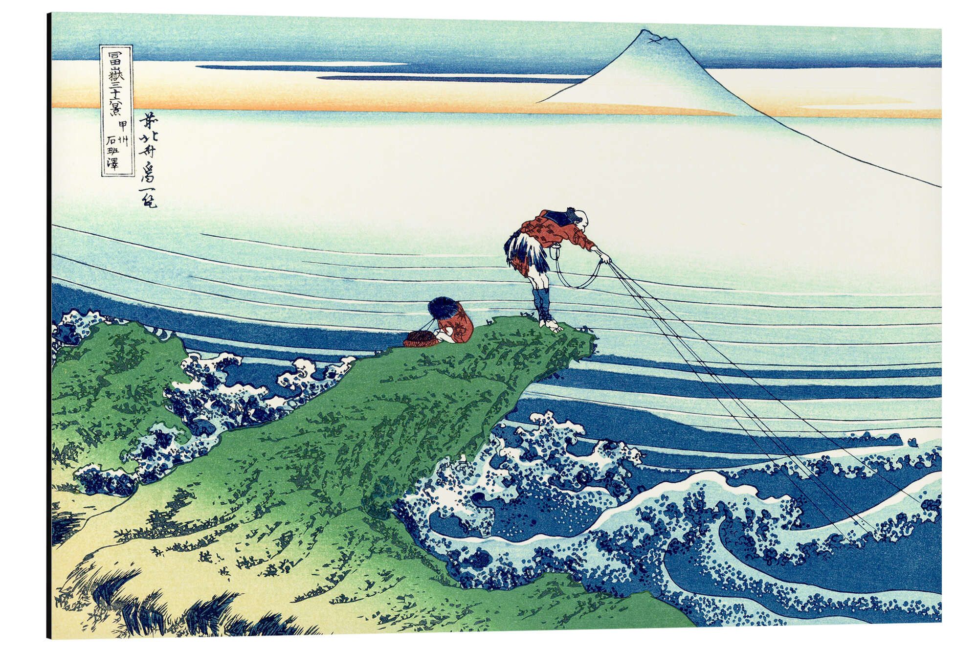 Posterlounge Alu-Dibond-Druck Katsushika Hokusai, Ein Fischer steht auf einem Fels am Kajikazawa in der Provinz Kai, Badezimmer Maritim Malerei