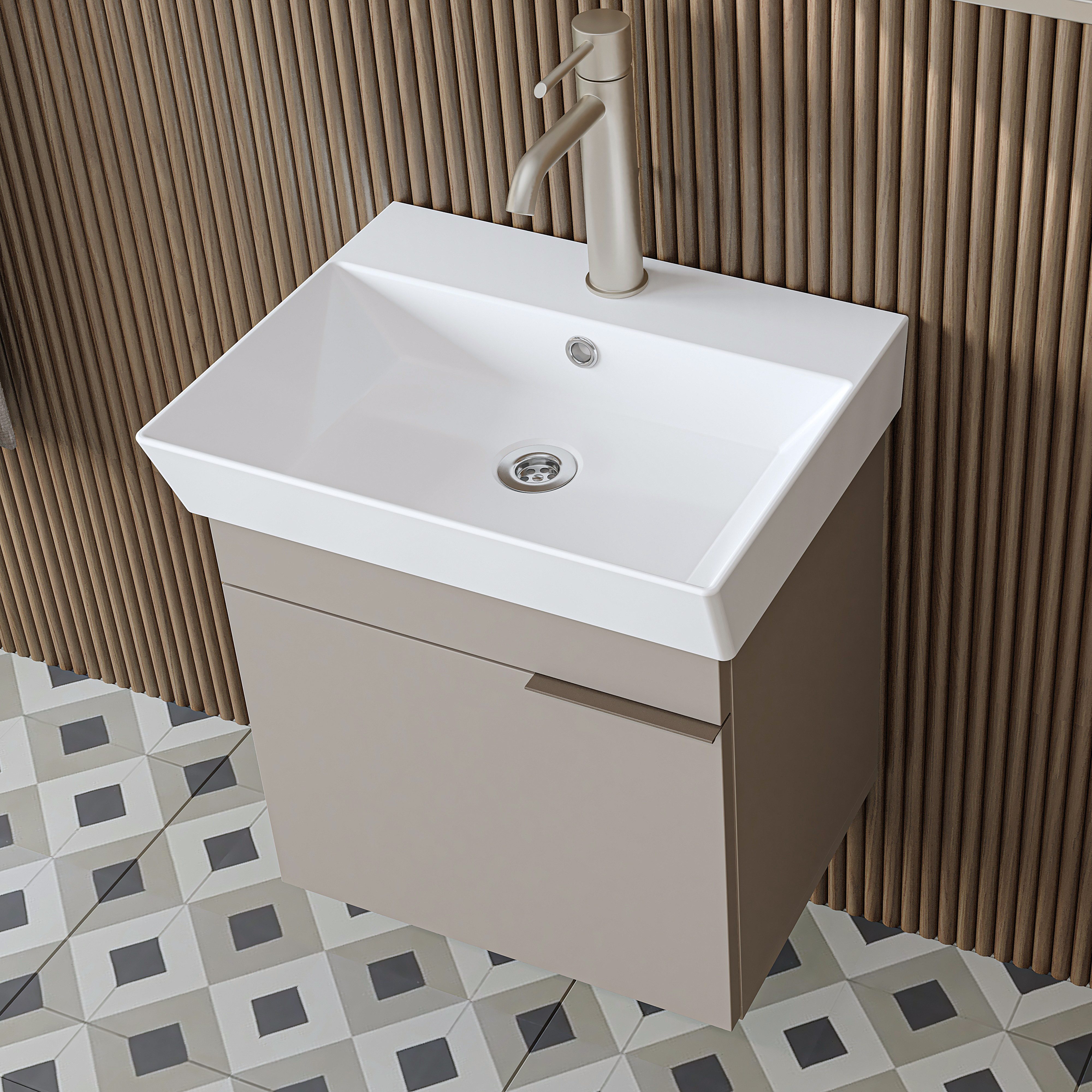 Roomart Waschbeckenunterschrank LYCIA 50 cm hängend, Keramikbecken inkl., Soft-Close, 4 Farben (Set) Soft-Close-Tür, nur 32 cm tief, Wandmontage, 4 Farben