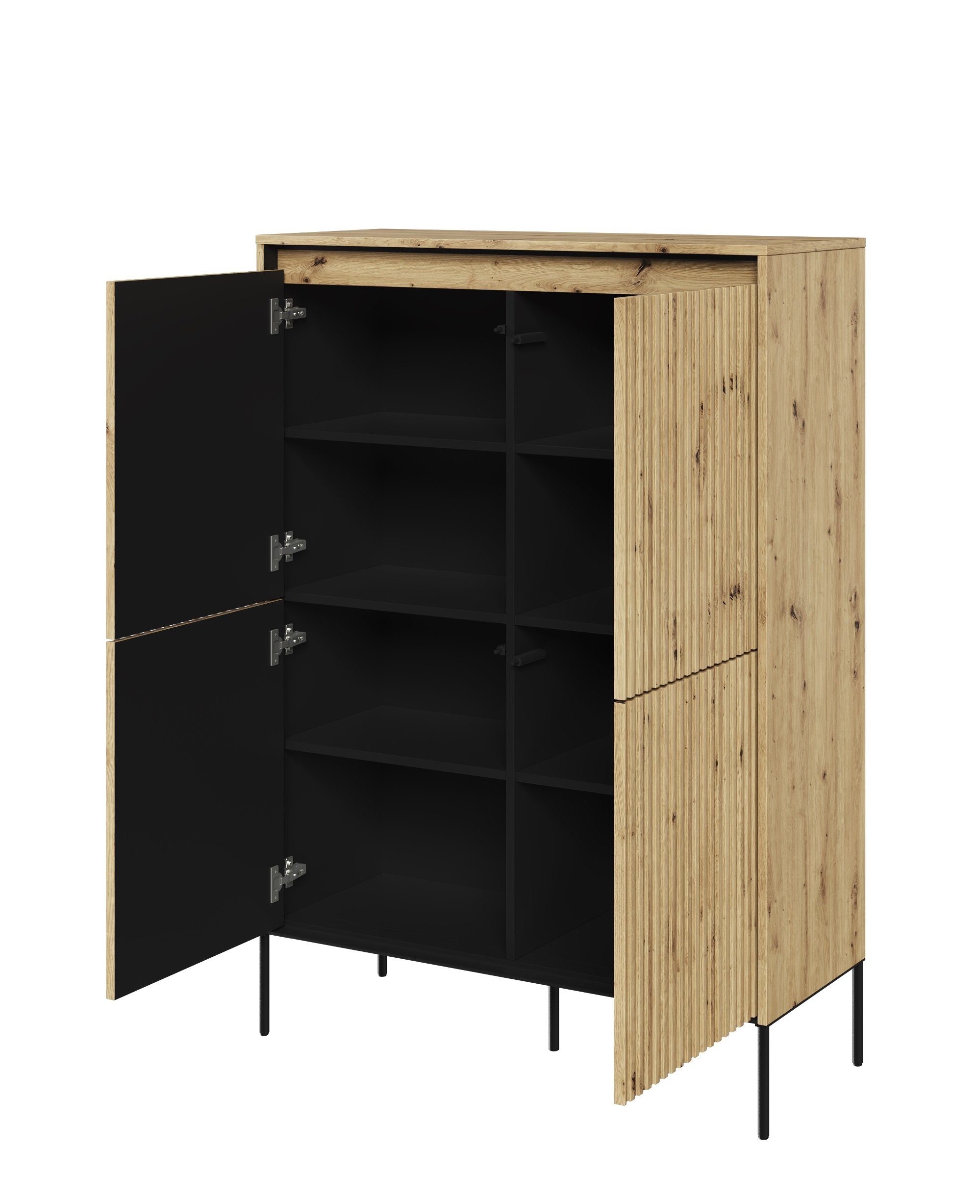 Compleo Kommode auf hohen Beinen FLORE, 4-türig, (acht Regale), gerifflete Front