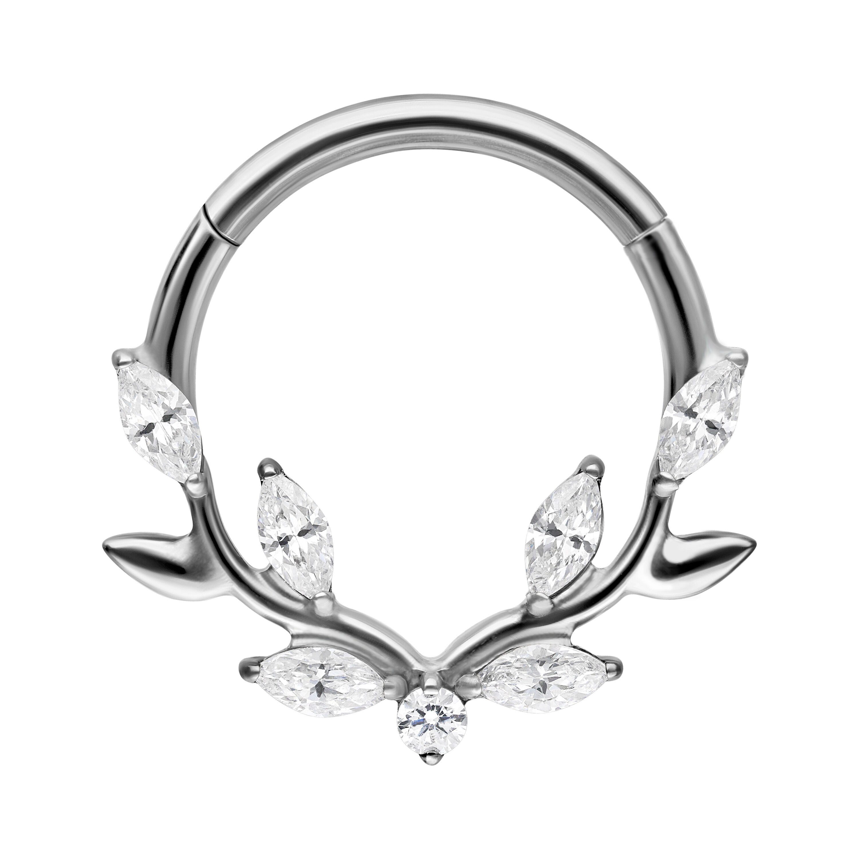 Wildcat Nasenpiercing Lovely Crystal Leaf Septum Clicker für Ohr, Nase, 1 Stück, Titan Grad 23 - wasserfest, hautverträglich, Silber