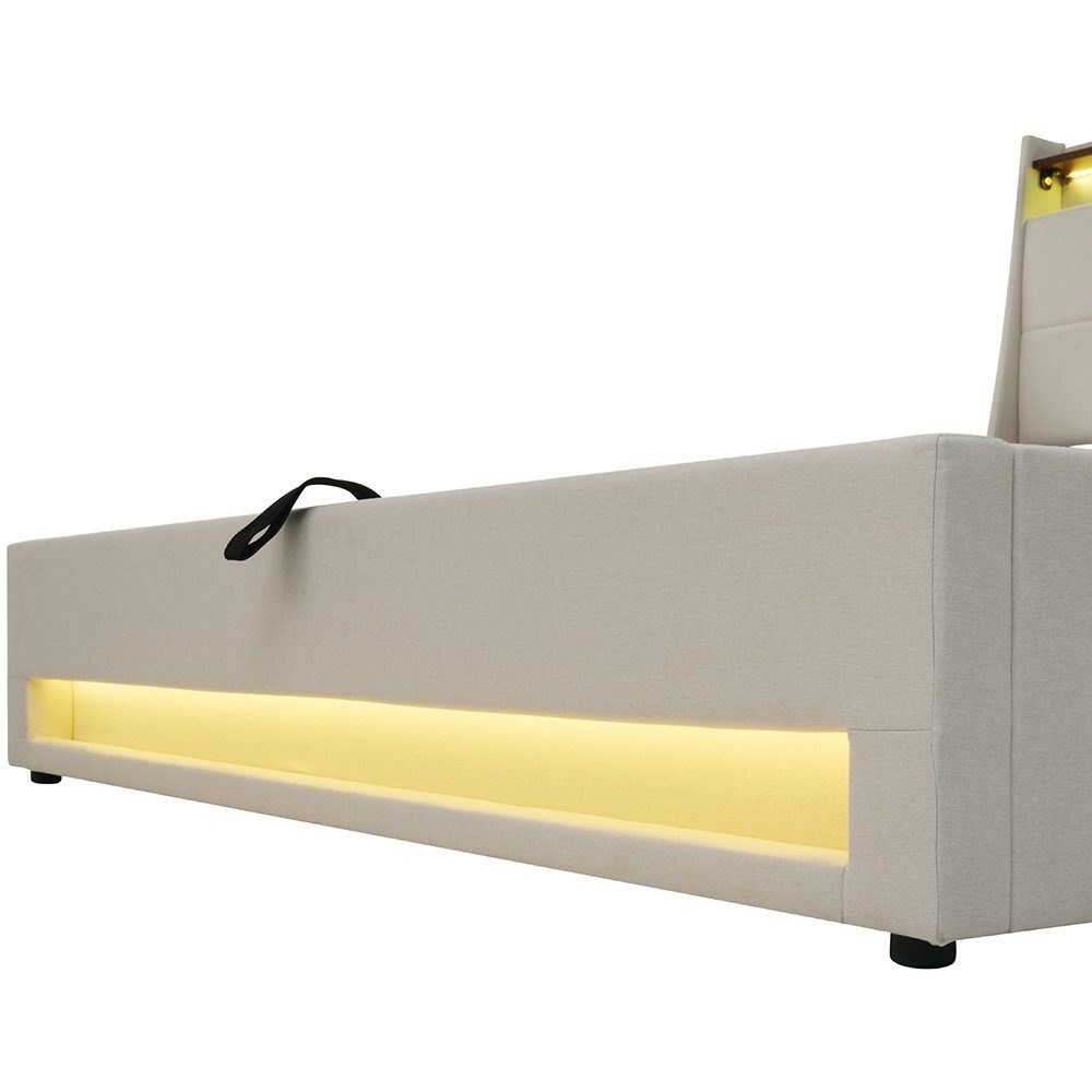Polsterbett (Funktionsbett, 90x200 cm Hydraulisches Bett mit Lattenrost), Stauraumbett mit LED-Beleuchtung und USB-Anschluss, Baumwolle-Leinen