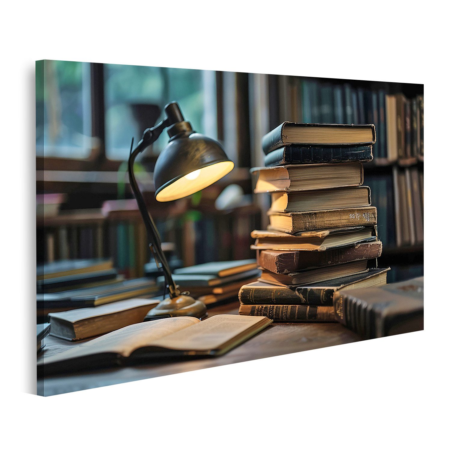 islandburner Leinwandbild, Stapel alter Bücher unter einer Lampe