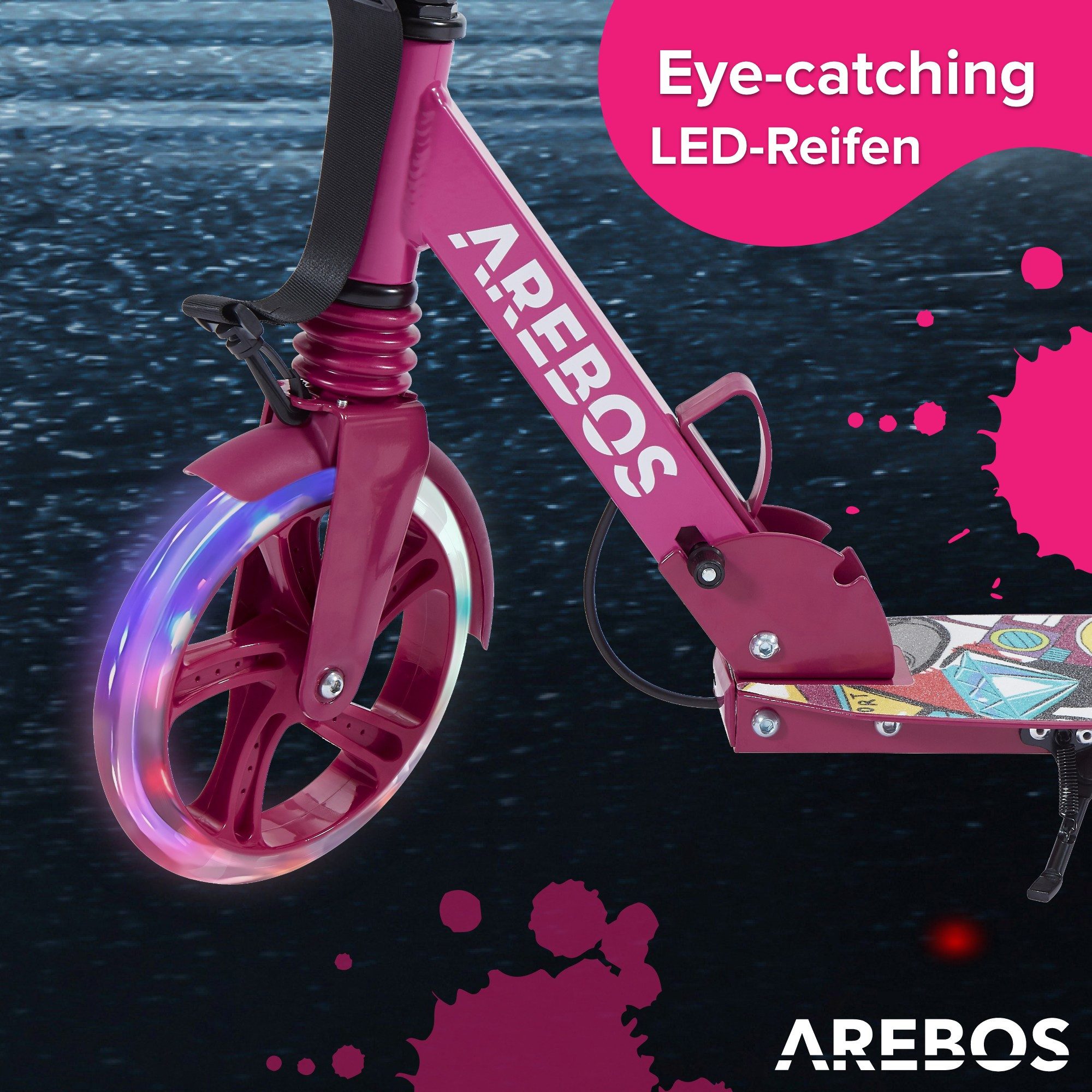 Arebos Tretroller LED-Reifen, faltbar, höhenverstellbar, inkl.Klinge l& Bremsen 100 kg, LED-Reifen: Leuchten während der Fahrt, für mehr Sichtbarkeit und Spaß