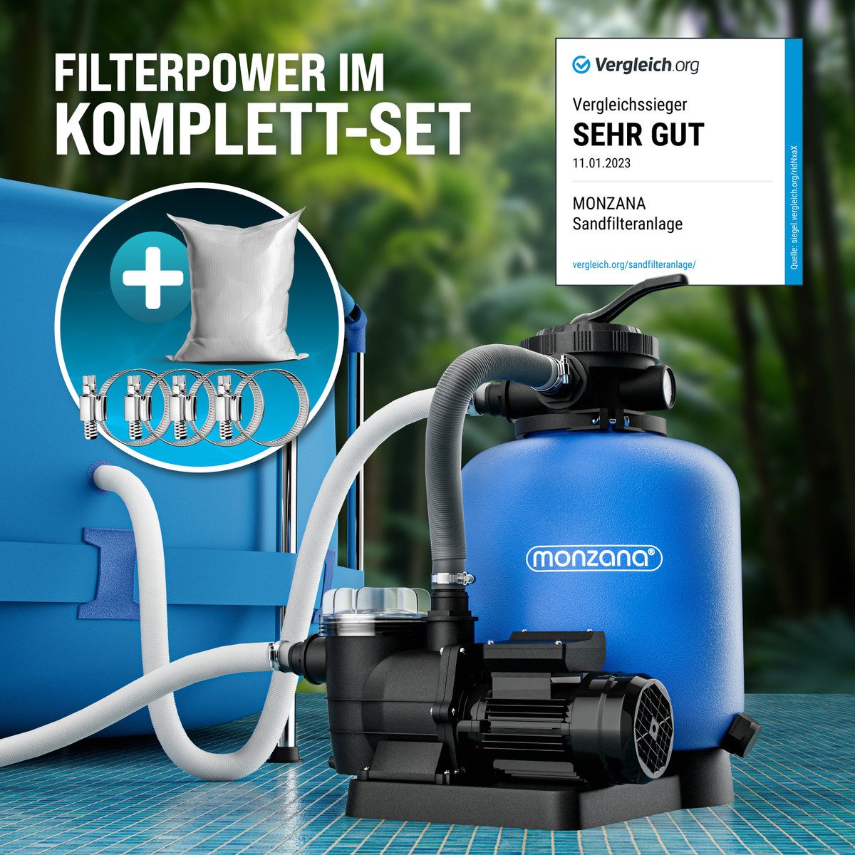 monzana Sandfilteranlage, SF110K 11.000L/h bis 50.000L Pool Filterglas Filteranlage Filterkessel