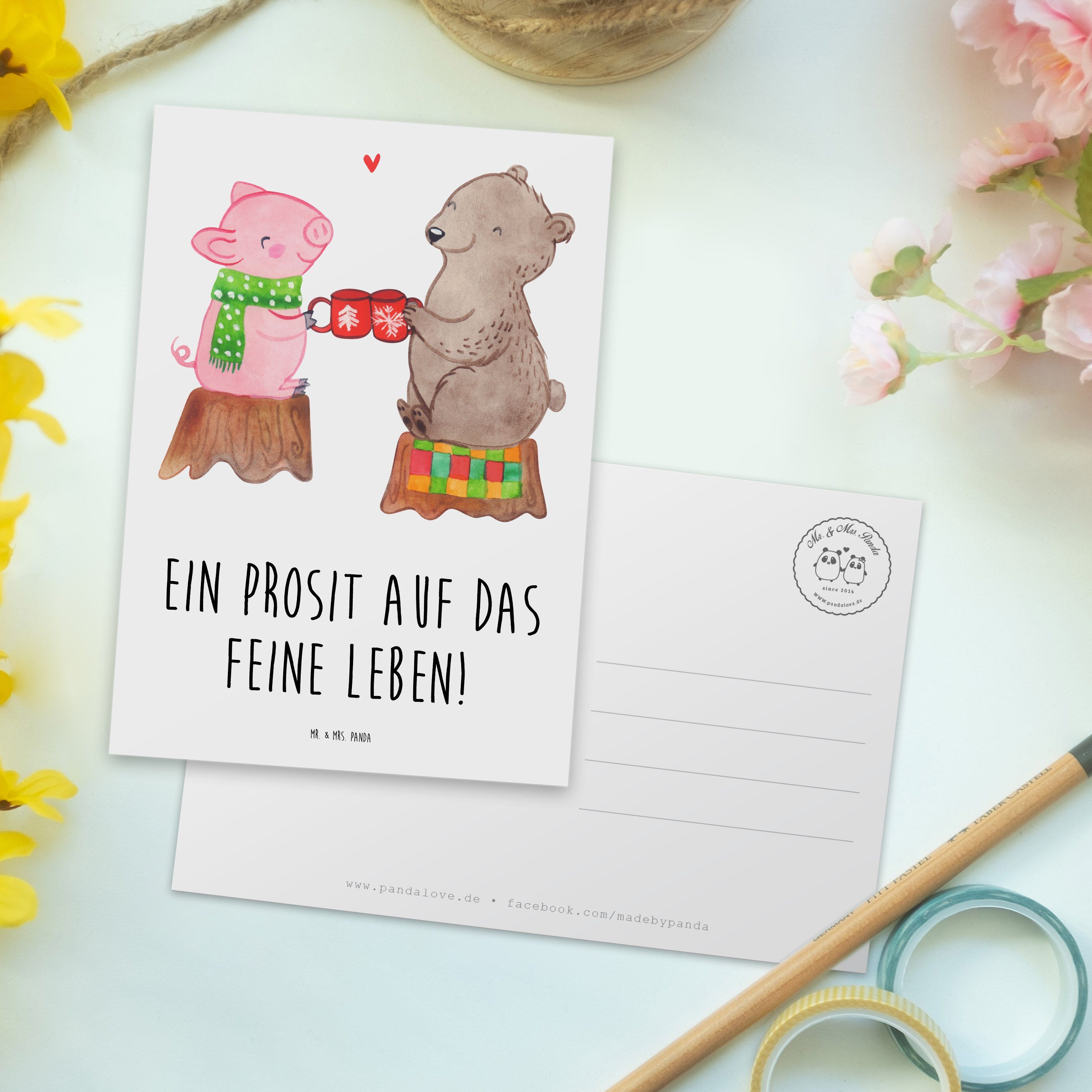 Postkarte Grußkarte, & Geschenk, Weiß Sause Mrs. Mr. Panda - Glühschwein Einladung, Nikolaus -