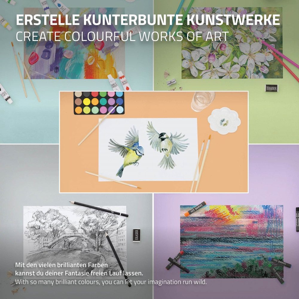 ECD Germany Standstaffelei Kunst- und Zeichenset Malkoffer für Kinder und Erwachsene, Malset 140-Teilig mit Staffelei, Wasserfaben Pastelkreide Pinselset
