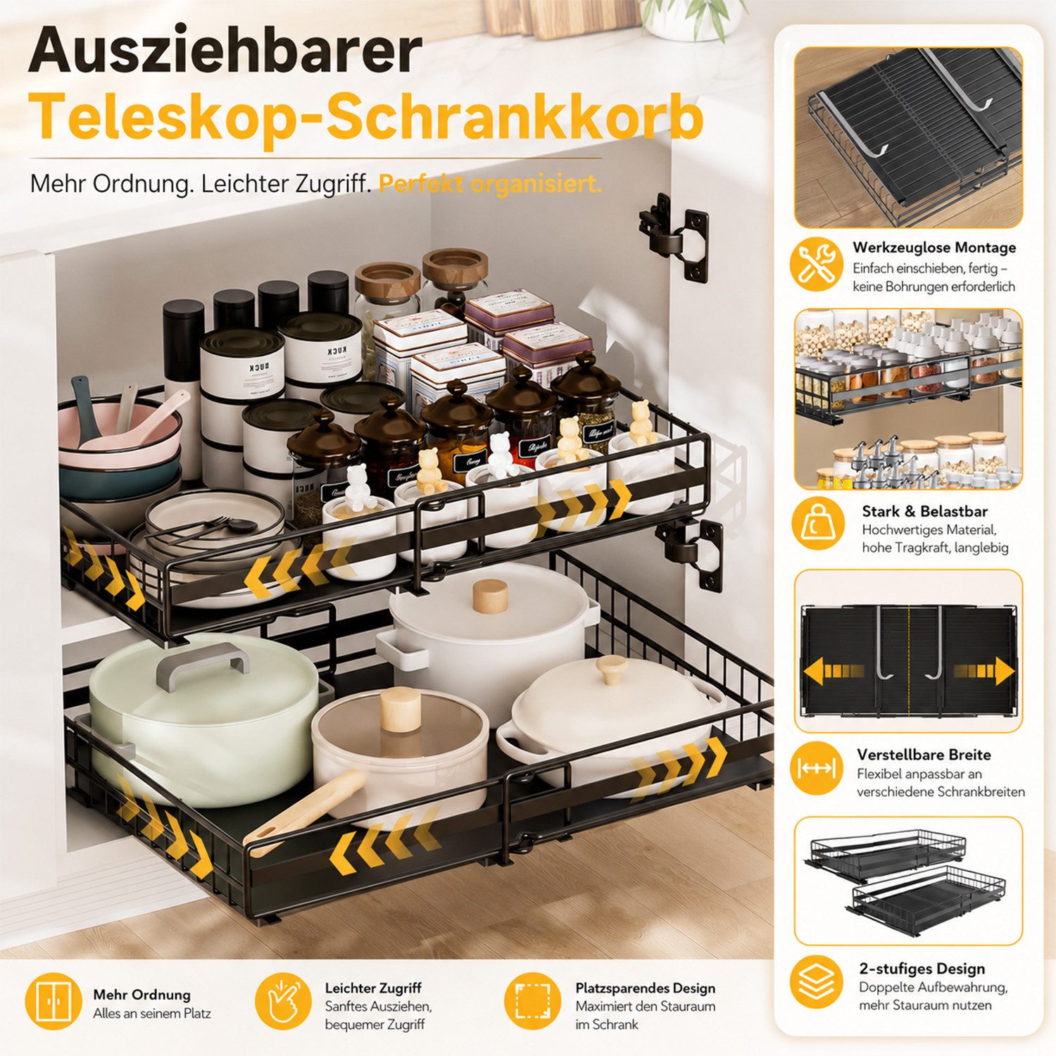 AKKEE Küchenorganizer-Set 2 Stück Teleskopschublade, Faltbare Ausziehbarer Schrank Organizer, Slide Out Schrank,Kein Bohren erforderlich,geeignet für Küche,Schr – Bild 3 von 5