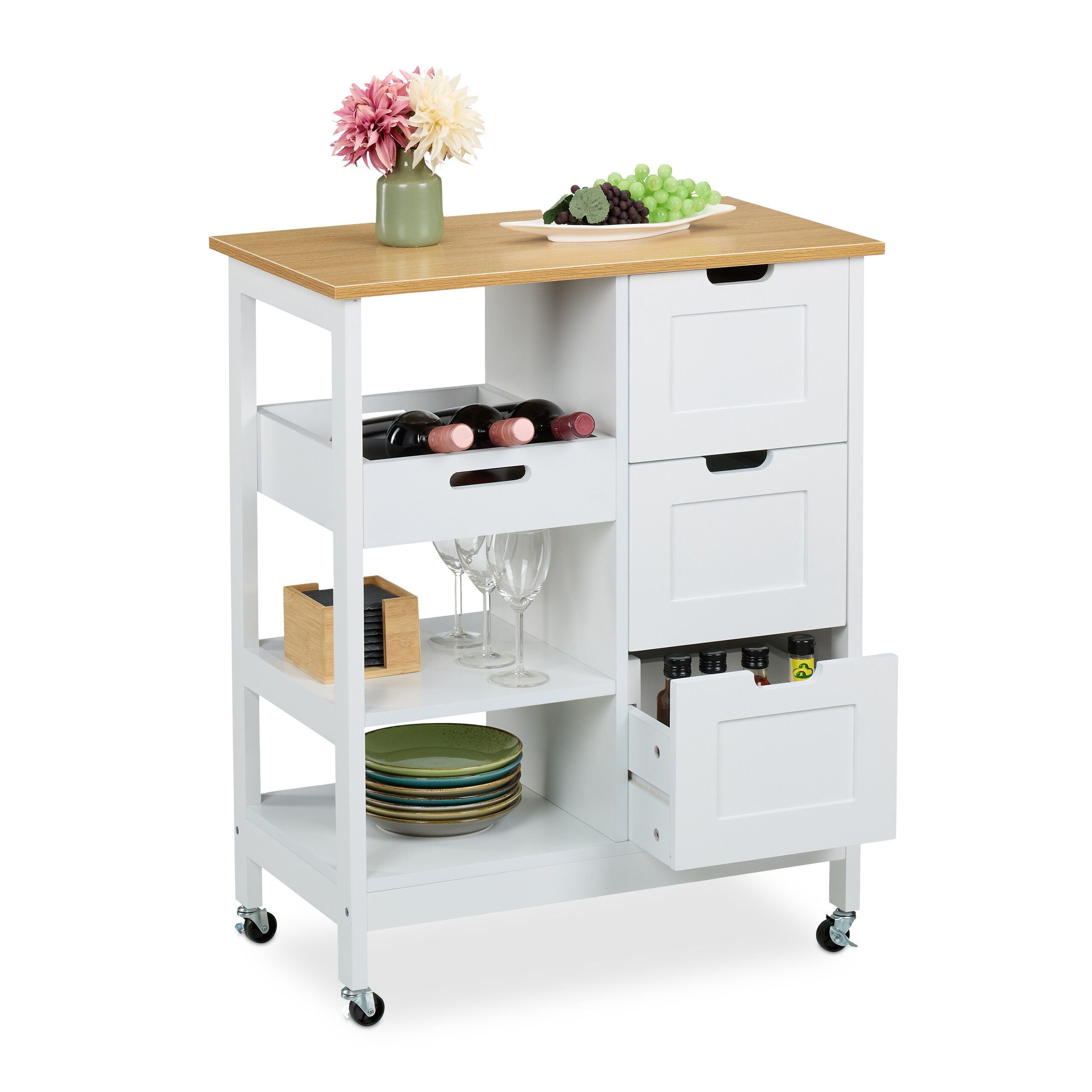 relaxdays Küchenwagen mit Arbeitsplatte, weiß günstig online kaufen