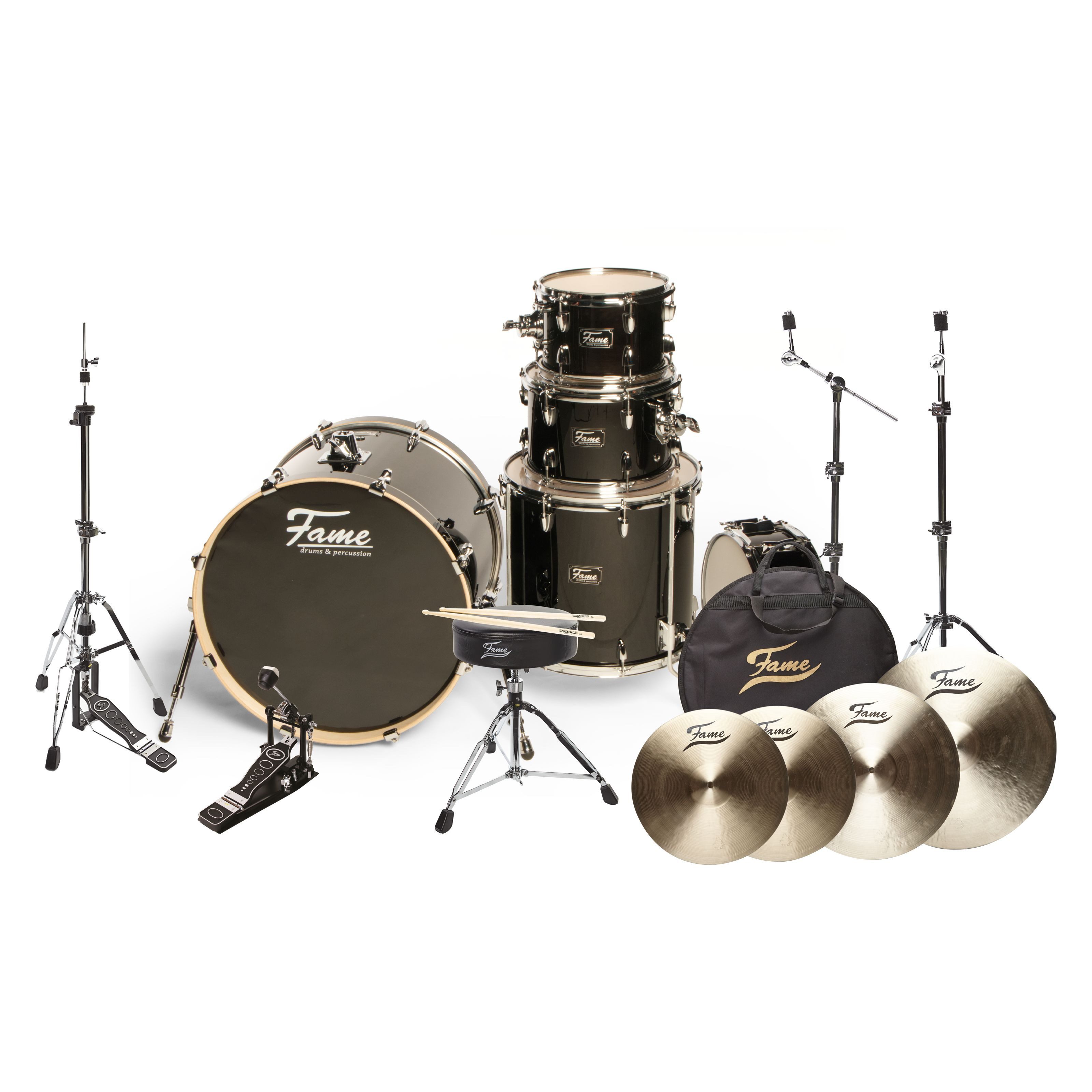 FAME Schlagzeug,Rock Set 22" Bass Drum Birch Satin Black Drum Kit High Gloss Black Drum Set 10" Tom 12" Tom 16" Floor Tom 14" Snare Hardware and Accessories Included, Барабаны, Komplettsets, Rock Set, Birch Satin Black Drum Kit, High Gloss Black Drum Set