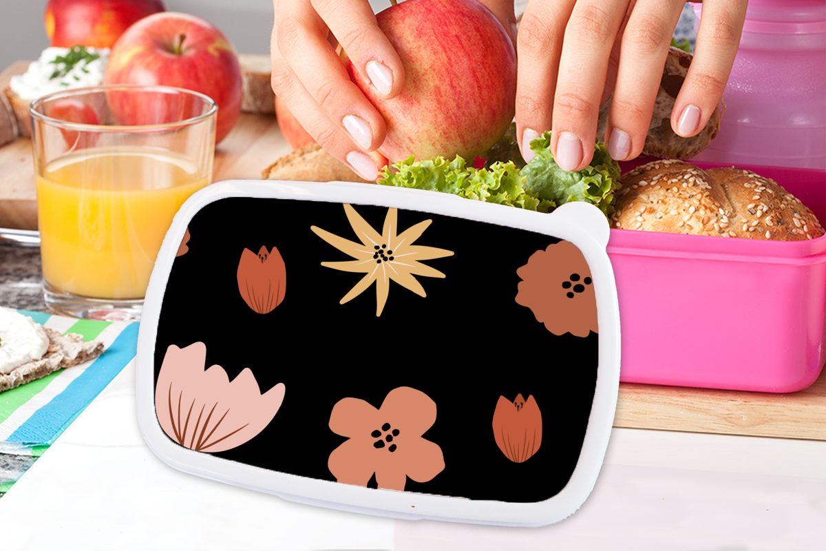 - Brotbox - Lunchbox Brotdose Schwarz Kinder, MuchoWow Snackbox, Kunststoff, für Erwachsene, (2-tlg), rosa Muster, Blumen Mädchen, Kunststoff