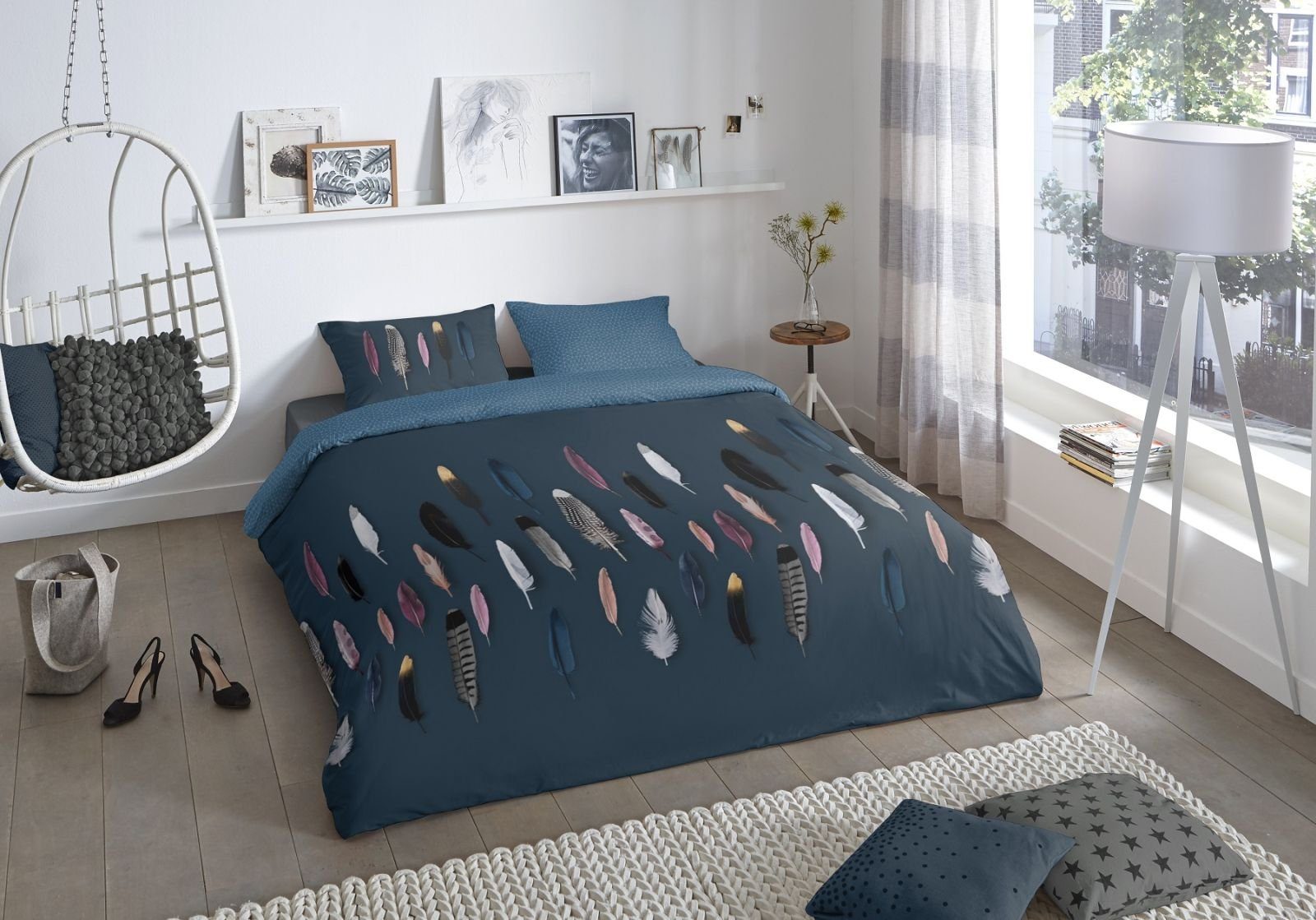 Bettwäsche Bettwäsche mit Federn blau 135x200, soma, Baumolle, 2 teilig,  Bettbezug Kopfkissenbezug Set kuschelig weich hochwertig
