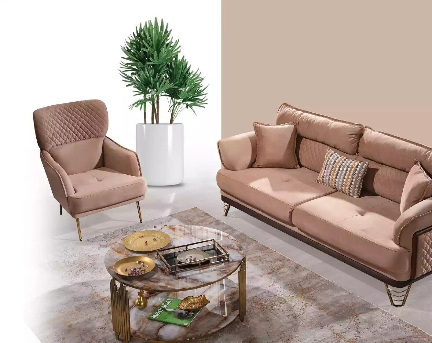 Made JVmoebel Sitzer Sofa Sessel, 3+3+1 Wohnzimmer-Set (2-St., Wohnzimmer Luxus Couchgarnitur Braune 3-Sitzer), Möbel, in Europa