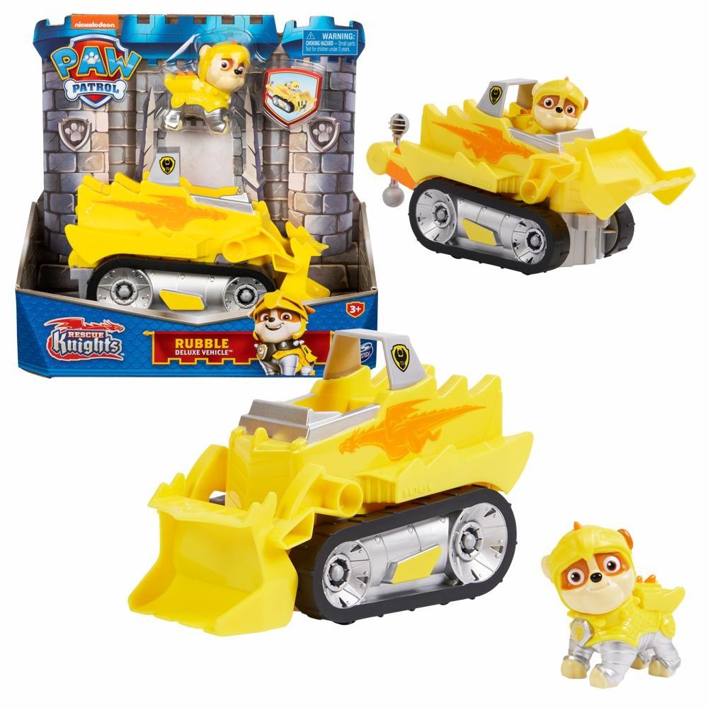 PAW PATROL Spielzeug-Auto Fahrzeuge Rescue Knights Paw Patrol Deluxe Autos mit Spiel-Figuren Rubble