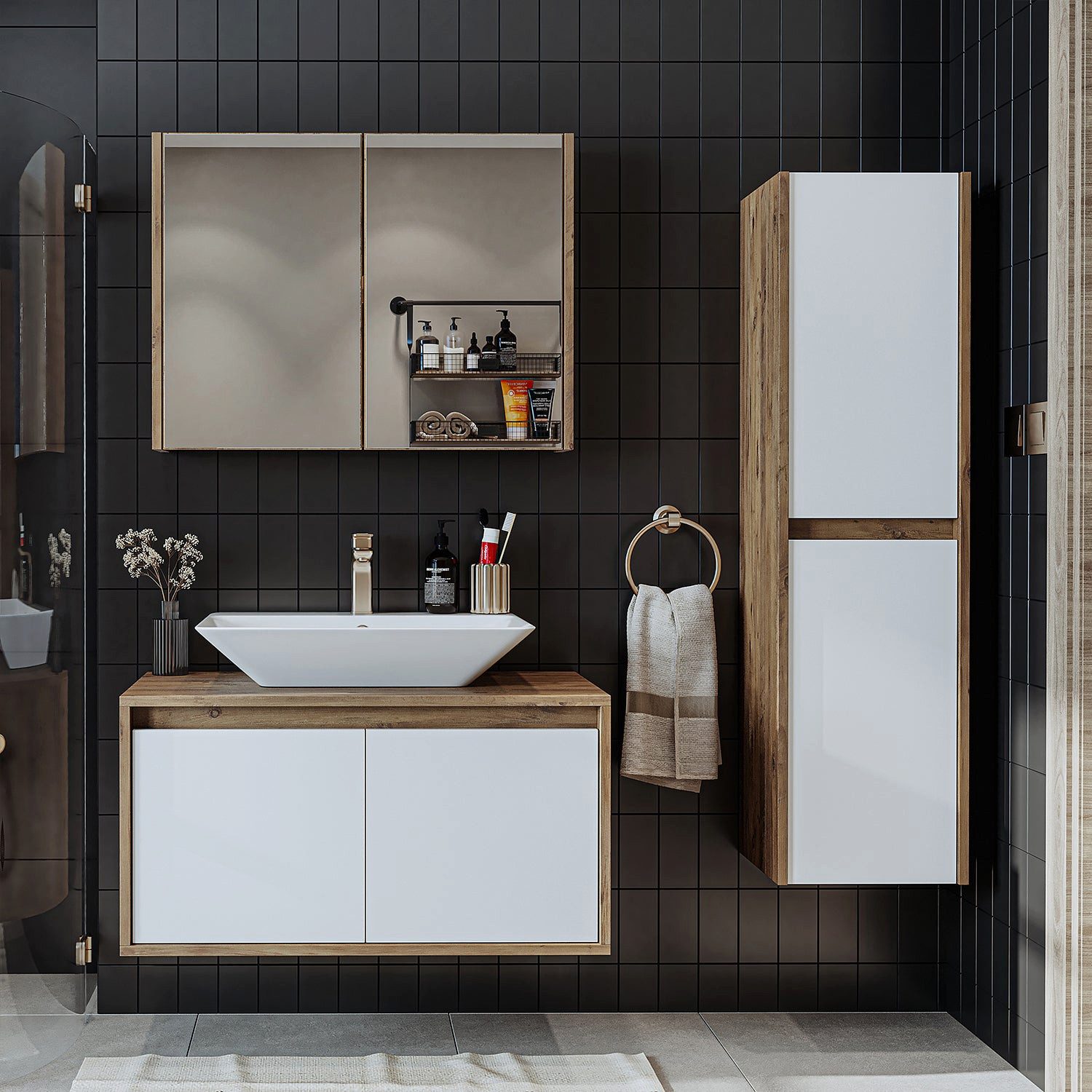 Roomart Badmöbel-Set ATLANTIC – Unterschrank, Waschbecken, Spiegelschrank & Hochschrank, (Badmöbel Set ATLANTIC 85 cm in 4 Farben Unterschrank mit Waschbecken)