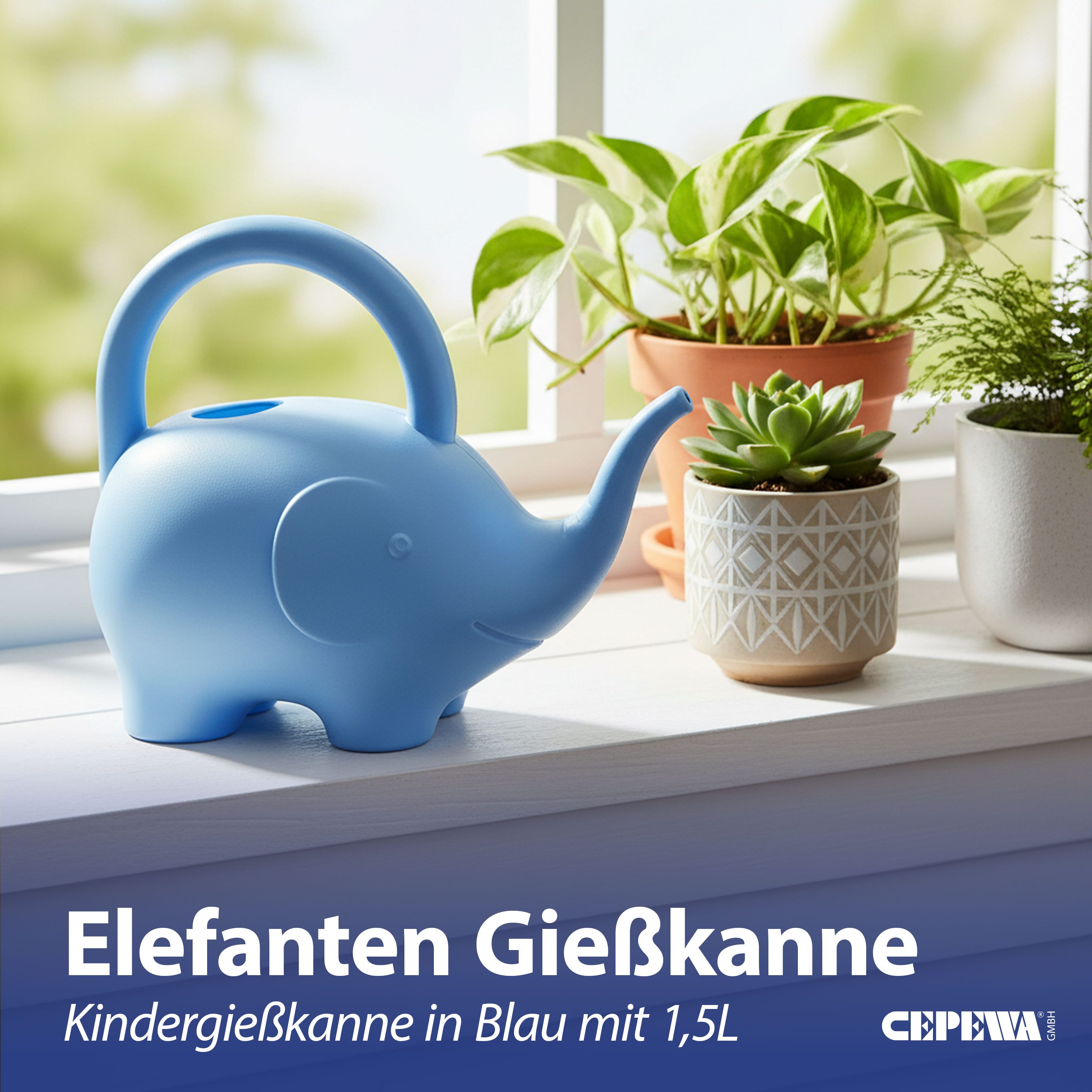 CEPEWA Gießkanne Gießkanne Elefant Kunststoff hellblau 24x20x12cm 1,5 L Kanne Kinder