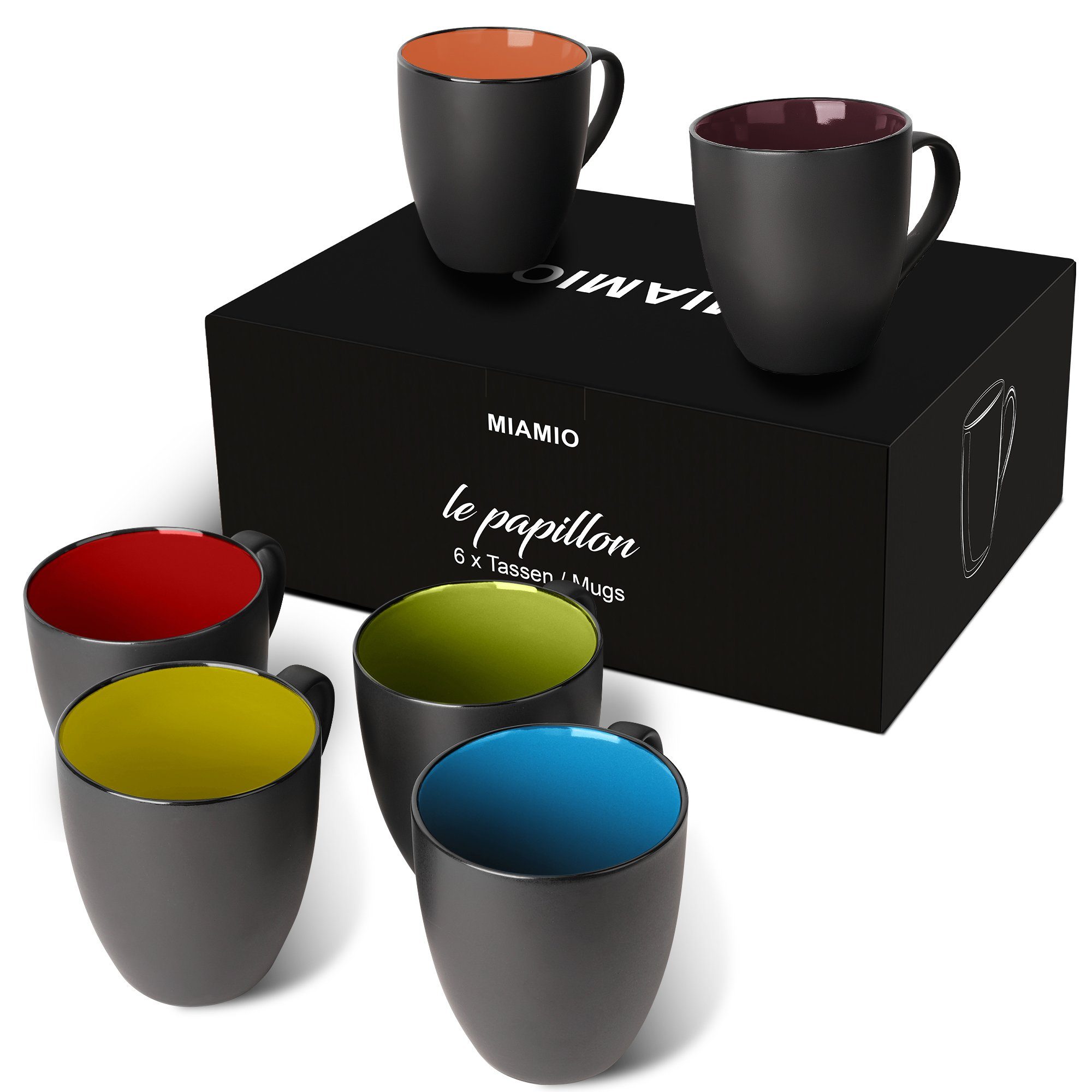 MiaMio Tasse MIAMIO - 6 x 350 ml Kaffeetassen Set Außen Schwarz Innen Farbig