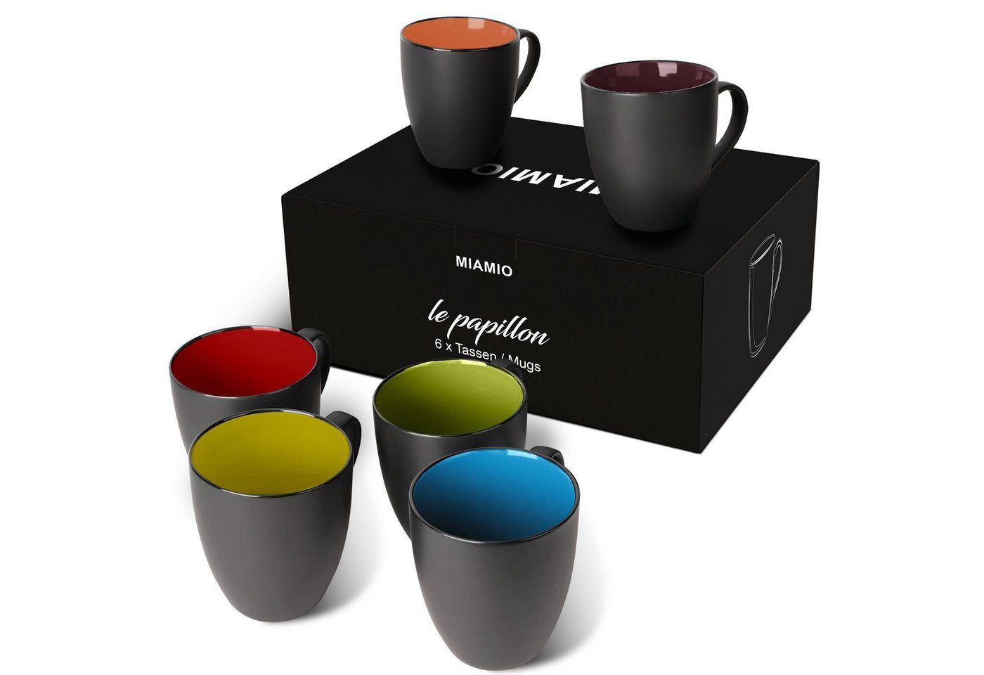 MiaMio Tasse MIAMIO - 6 x 350 ml Kaffeetassen Set Außen Schwarz Innen Farbig