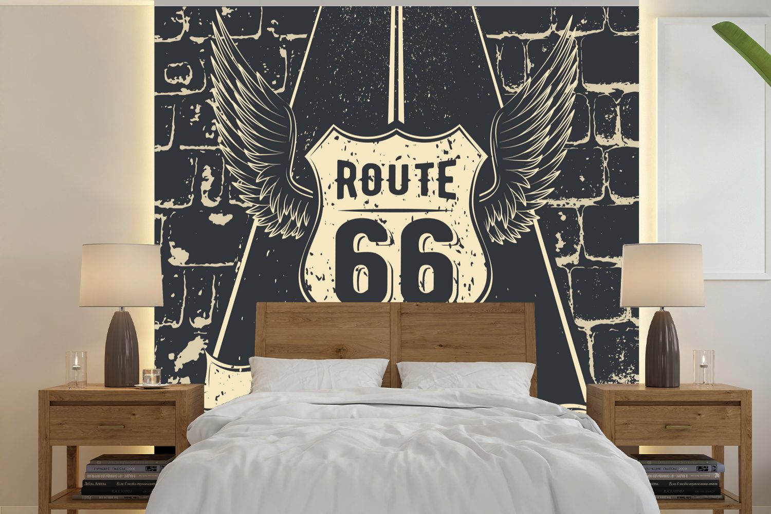 MuchoWow Fototapete Route 66 - Vintage - Schwarz - Weiß, Matt, bedruckt, (5 St), Vinyl Tapete für Wohnzimmer oder Schlafzimmer, Wandtapete