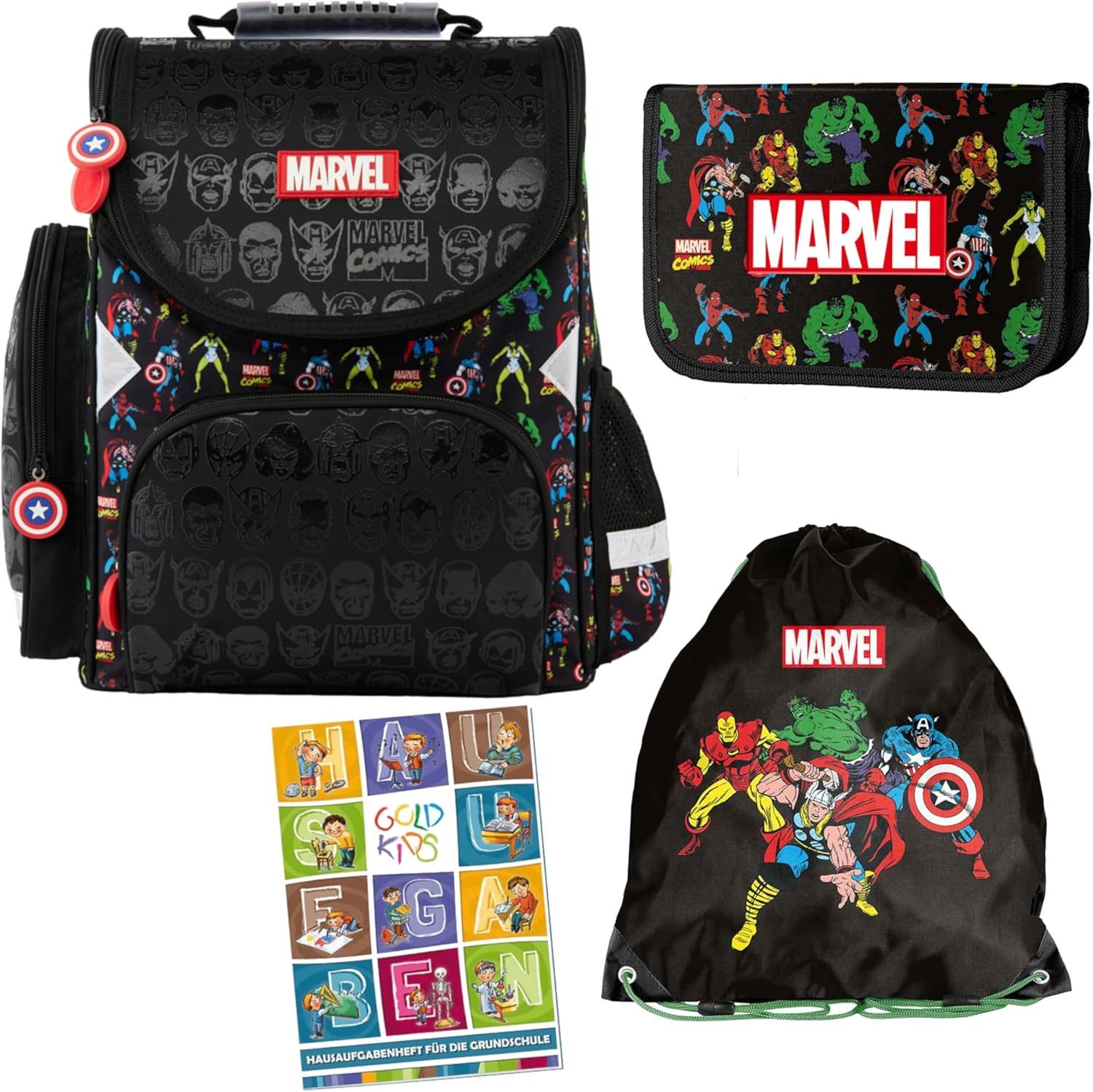 GOLDKIDS Schulranzen für Jungen und Mädchen, 4er-Set - Schul-Rucksack für (4er-Set - Schul-Rucksack für Kinder mit Federmäppchen -, 1-tlg., Schuhbeutel und Hausaufgabenheft), Marvel Avengers Motiv - 1-3 Klasse