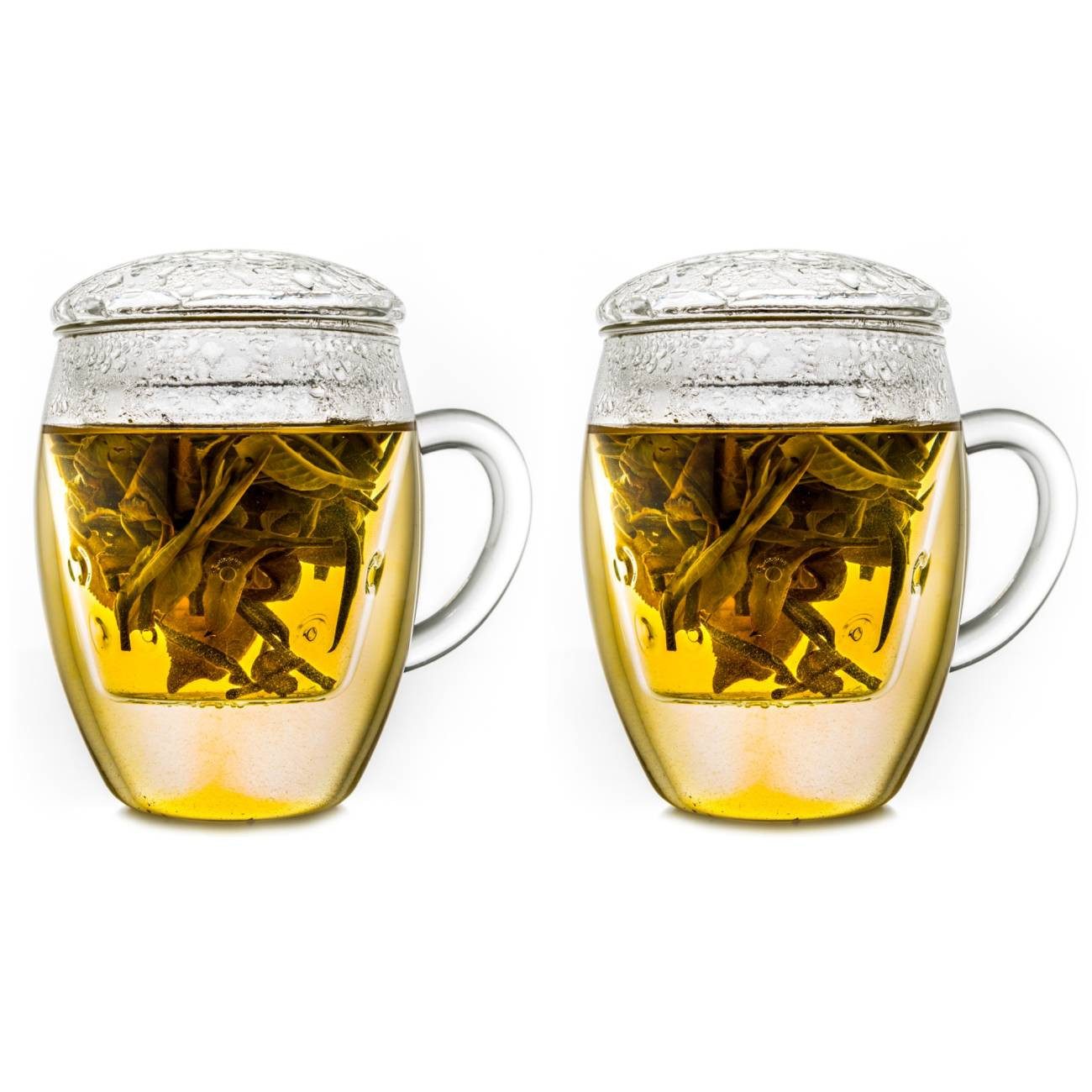 Creano Teeglas 2er-Set "All in One" TeeGläser mit Glasfilter und Deckel, 400ml, Borosilikatglas, 2 Tassen mit Untertassen