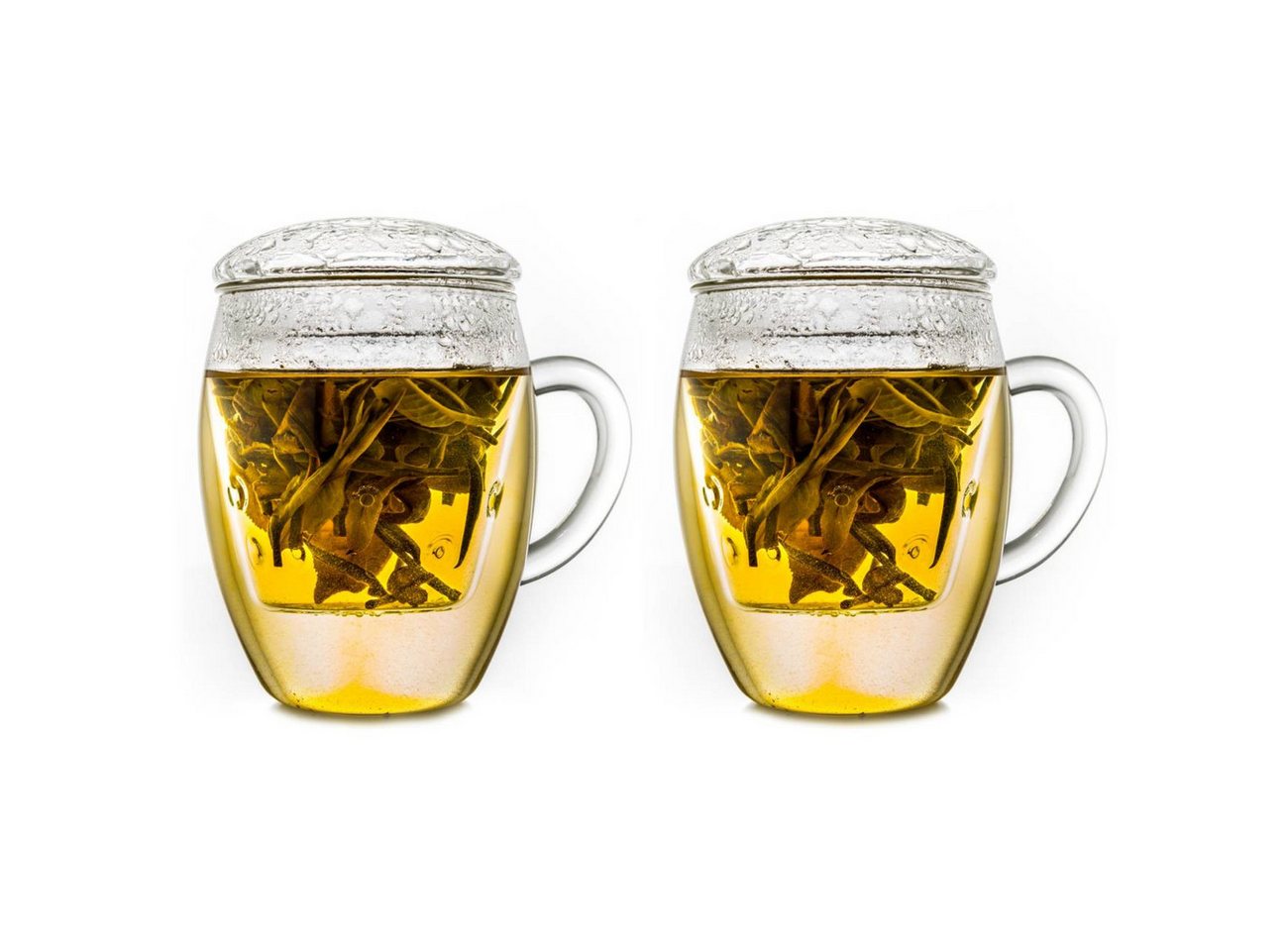 Creano Teeglas 2er-Set "All in One" TeeGläser mit Glasfilter und Deckel, 400ml, Borosilikatglas, 2 Tassen mit Untertassen