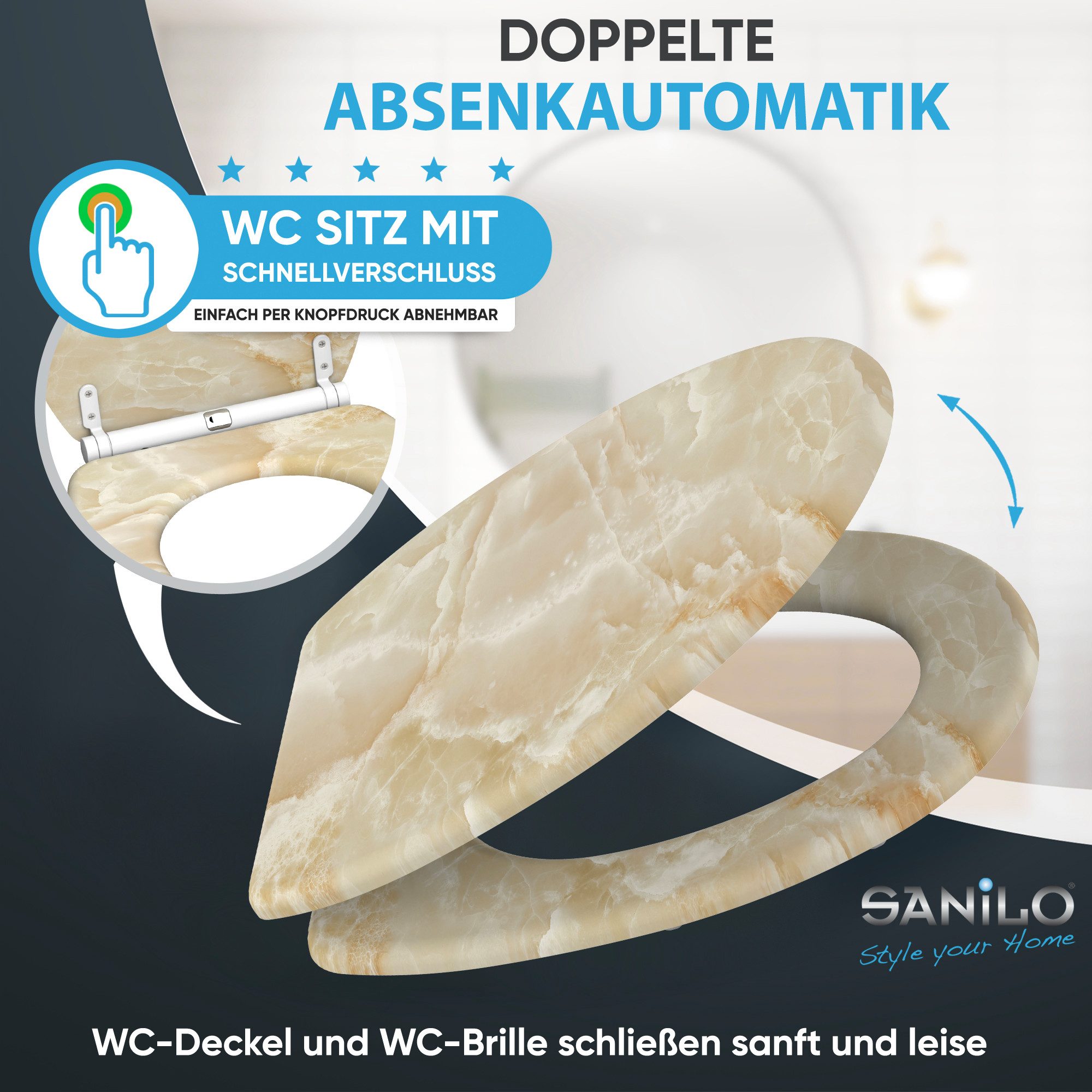 Sanilo WC-Sitz Marmor Natur mit Absenkautomatik & Quick Release, Premium Toilettendeckel, abnehmbar, leichte Montage von oben